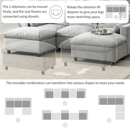 Canapé modulaire sectionnel en chenille avec poches de rangement, ensemble de canapés en U 5 places avec coussins, canapé Cloud avec 2 poufs amovibles