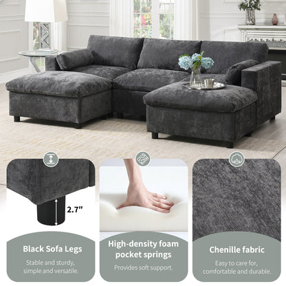 Canapé modulaire sectionnel en chenille avec poches de rangement, ensemble de canapés en U 5 places avec coussins, canapé Cloud avec 2 poufs amovibles