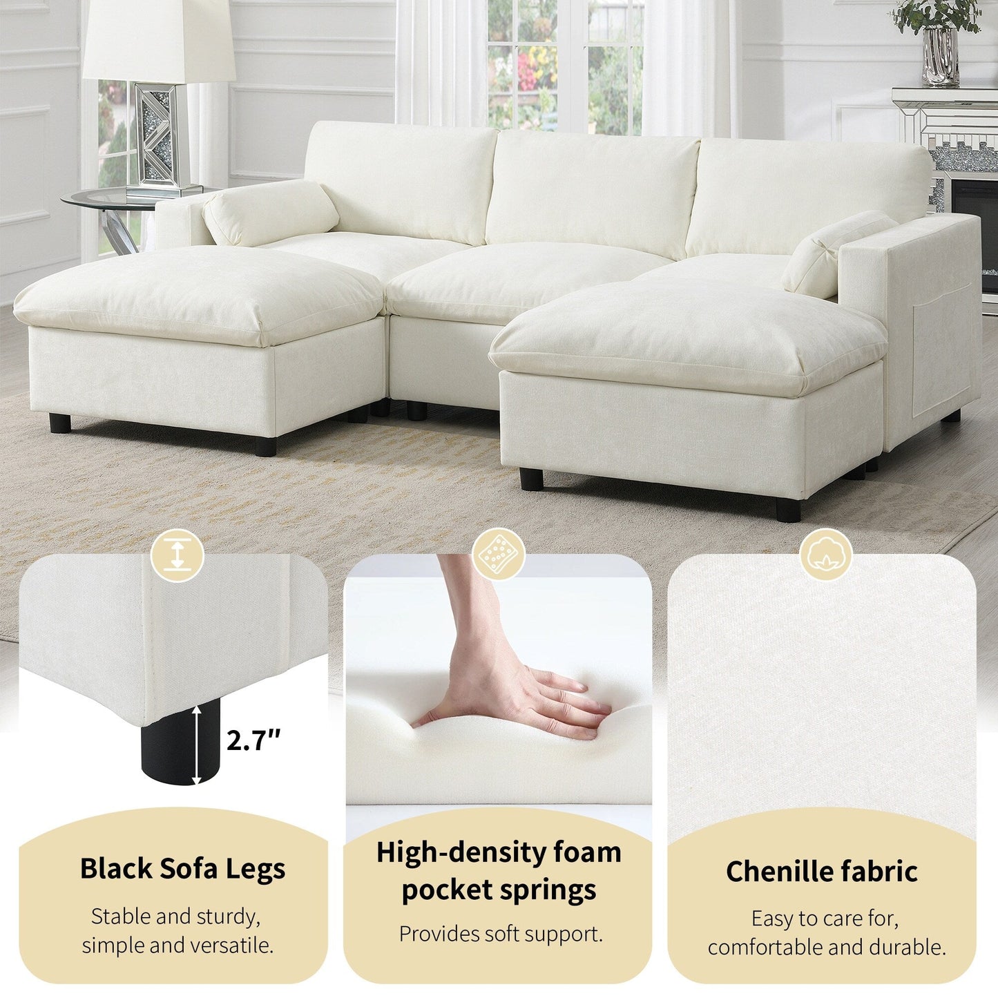 Canapé modulaire sectionnel en chenille avec poches de rangement, ensemble de canapés en U 5 places avec coussins, canapé Cloud avec 2 poufs amovibles