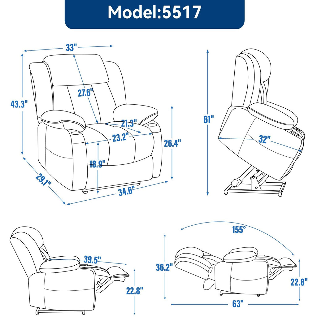 Fauteuil inclinable et massant à 8 points avec relevage électrique en chenille, chauffage de la taille, ports USB et porte-gobelet en acier inoxydable