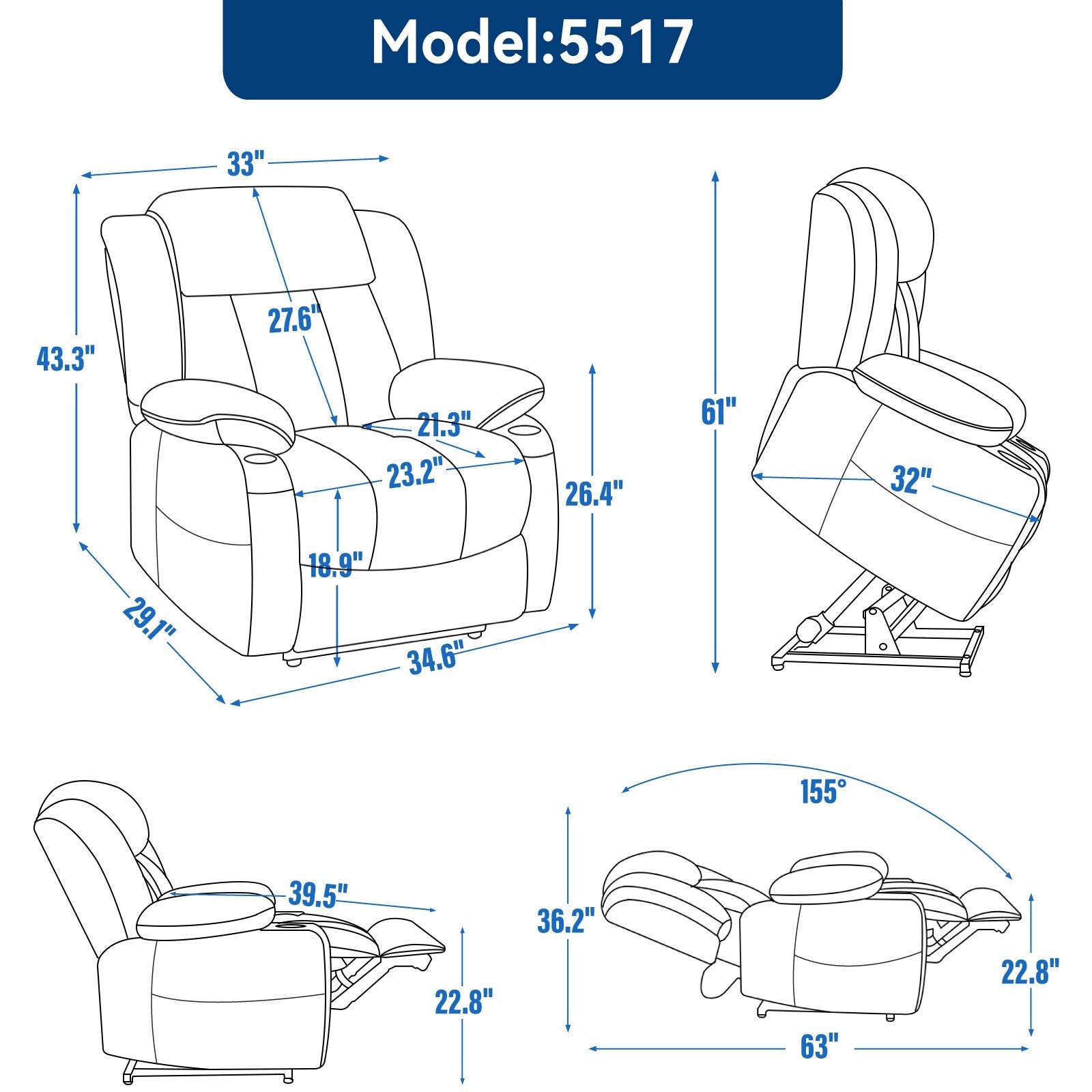 Fauteuil inclinable et massant à 8 points avec relevage électrique en chenille, chauffage de la taille, ports USB et porte-gobelet en acier inoxydable