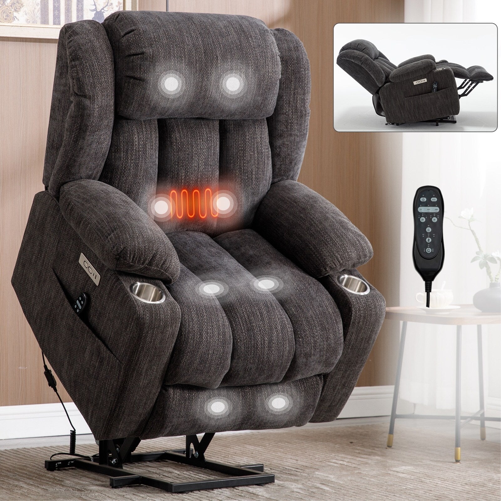 Fauteuil inclinable et massant à 8 points avec relevage électrique en chenille, chauffage de la taille, ports USB et porte-gobelet en acier inoxydable