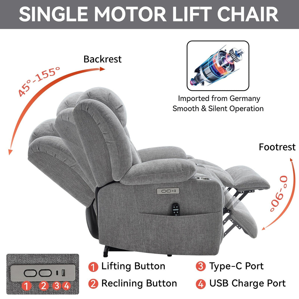 Fauteuil inclinable et massant à 8 points avec relevage électrique en chenille, chauffage de la taille, ports USB et porte-gobelet en acier inoxydable
