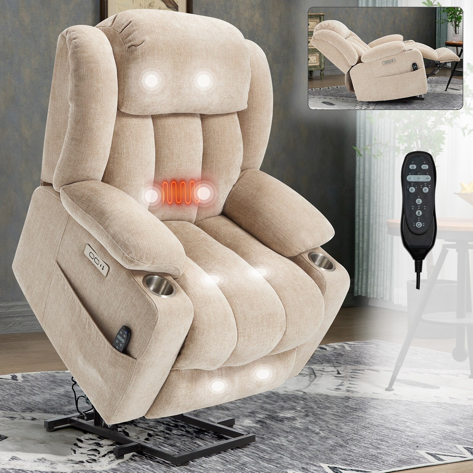 Fauteuil inclinable et massant à 8 points avec relevage électrique en chenille, chauffage de la taille, ports USB et porte-gobelet en acier inoxydable