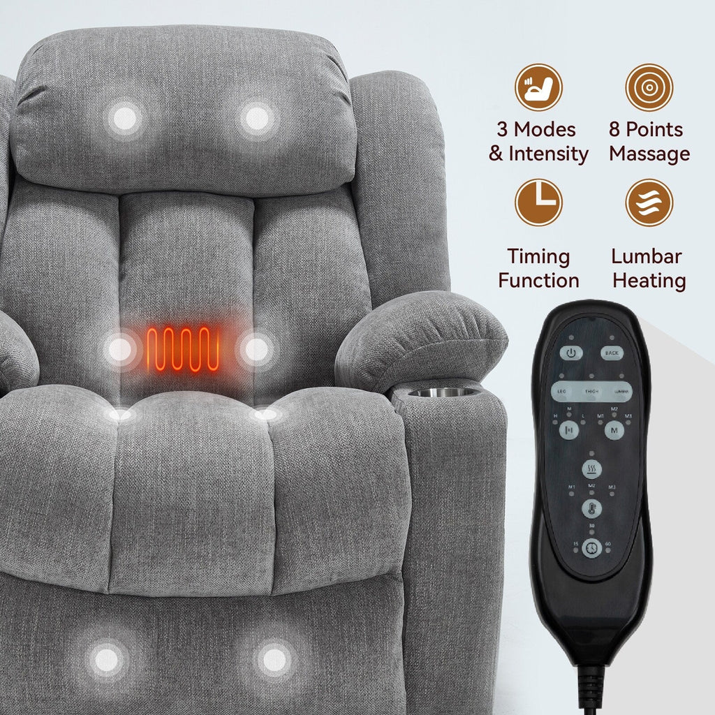Fauteuil inclinable et massant à 8 points avec relevage électrique en chenille, chauffage de la taille, ports USB et porte-gobelet en acier inoxydable