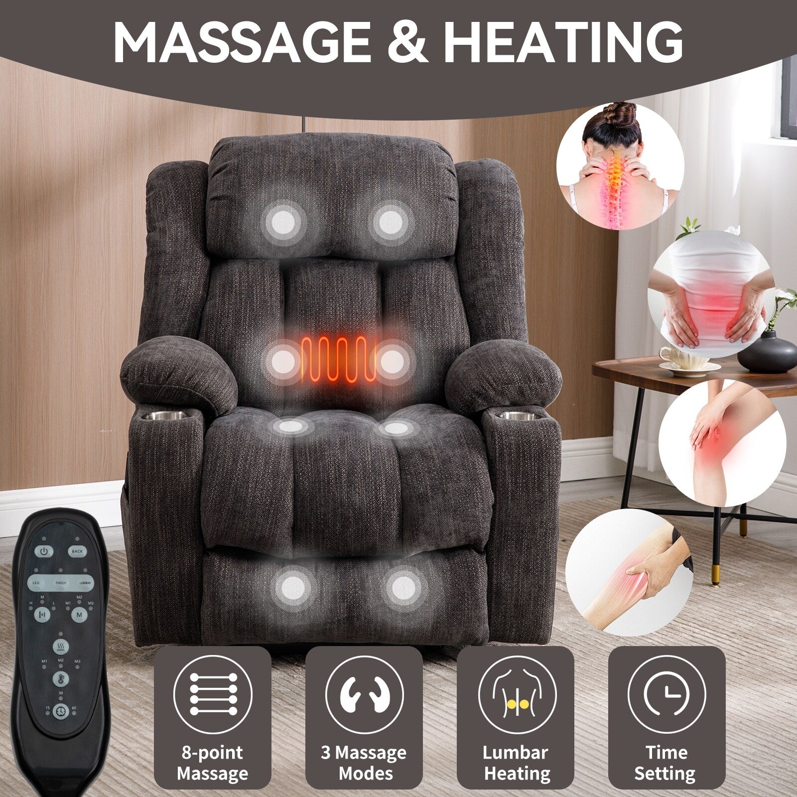Fauteuil inclinable et massant à 8 points avec relevage électrique en chenille, chauffage de la taille, ports USB et porte-gobelet en acier inoxydable