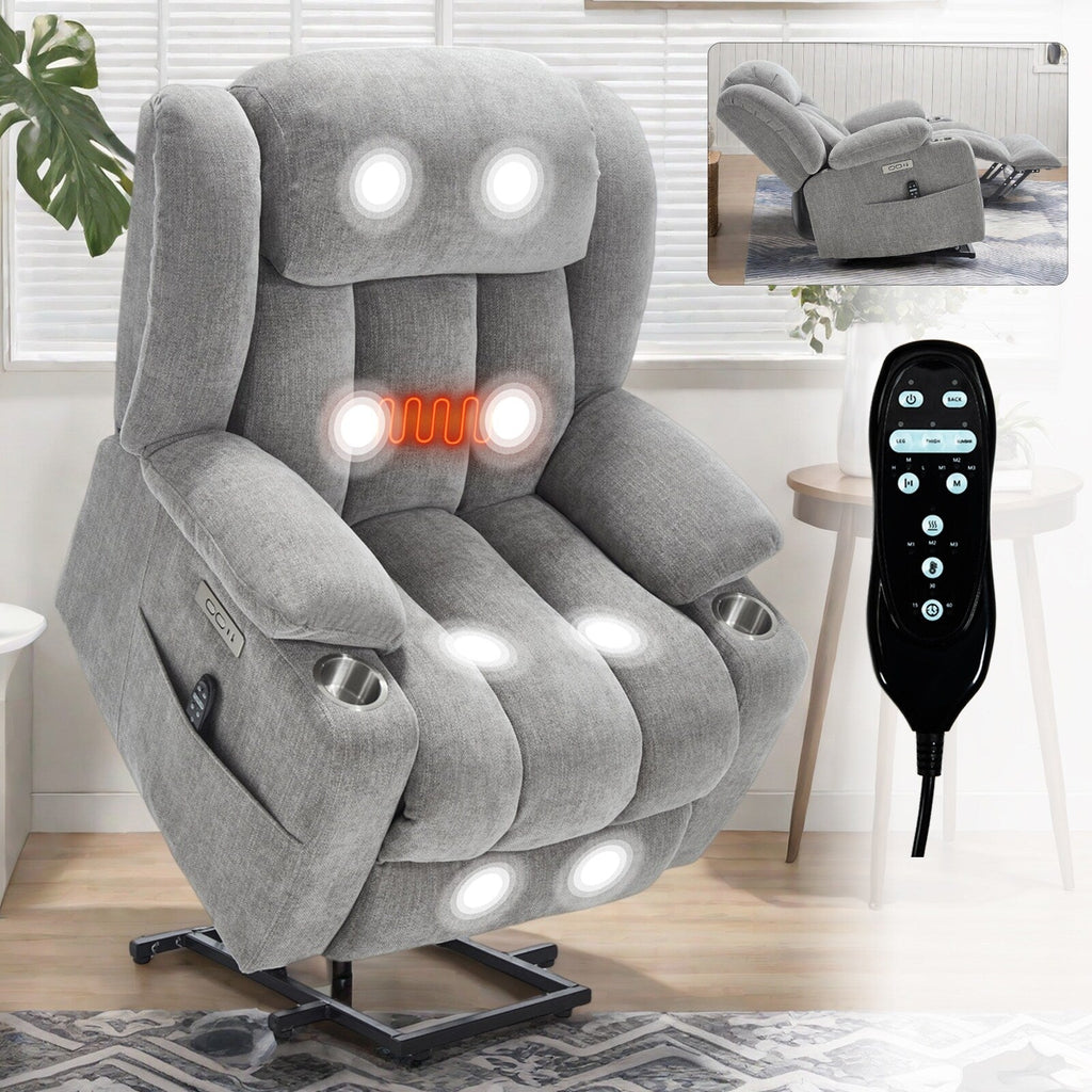 Fauteuil inclinable et massant à 8 points avec relevage électrique en chenille, chauffage de la taille, ports USB et porte-gobelet en acier inoxydable