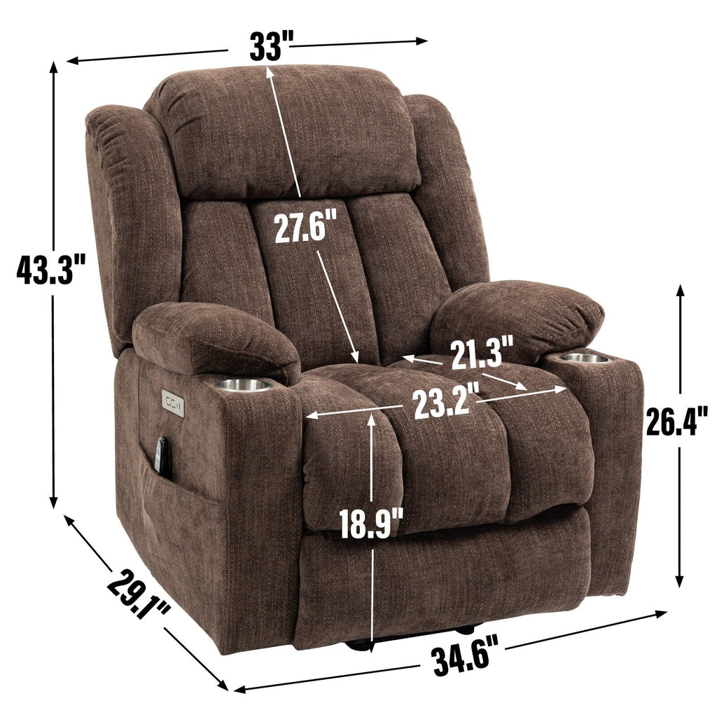 Fauteuil inclinable et massant à 8 points avec relevage électrique en chenille, chauffage de la taille, ports USB et porte-gobelet en acier inoxydable