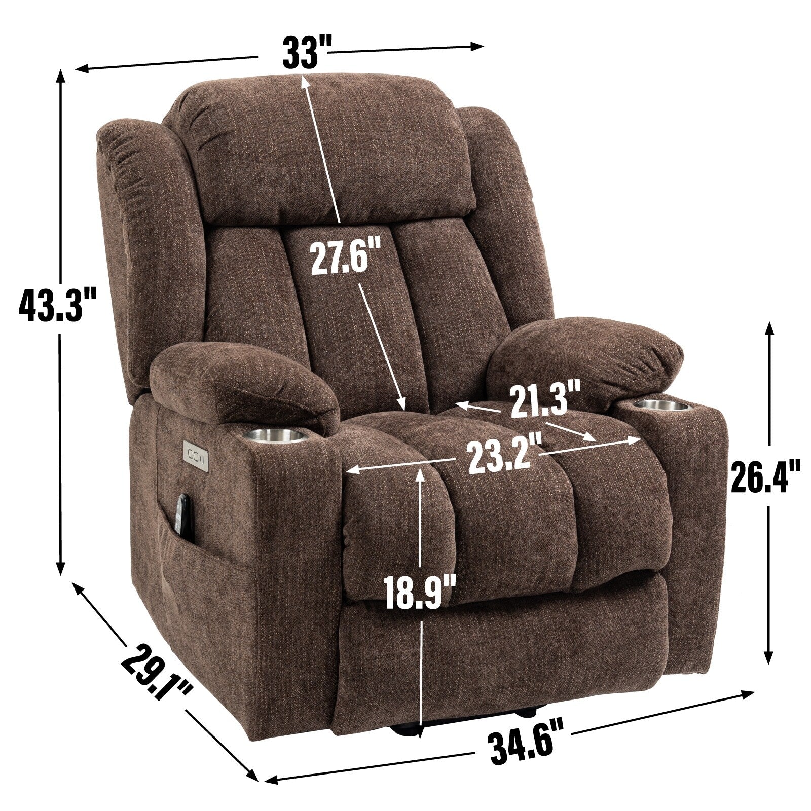 Fauteuil inclinable et massant à 8 points avec relevage électrique en chenille, chauffage de la taille, ports USB et porte-gobelet en acier inoxydable