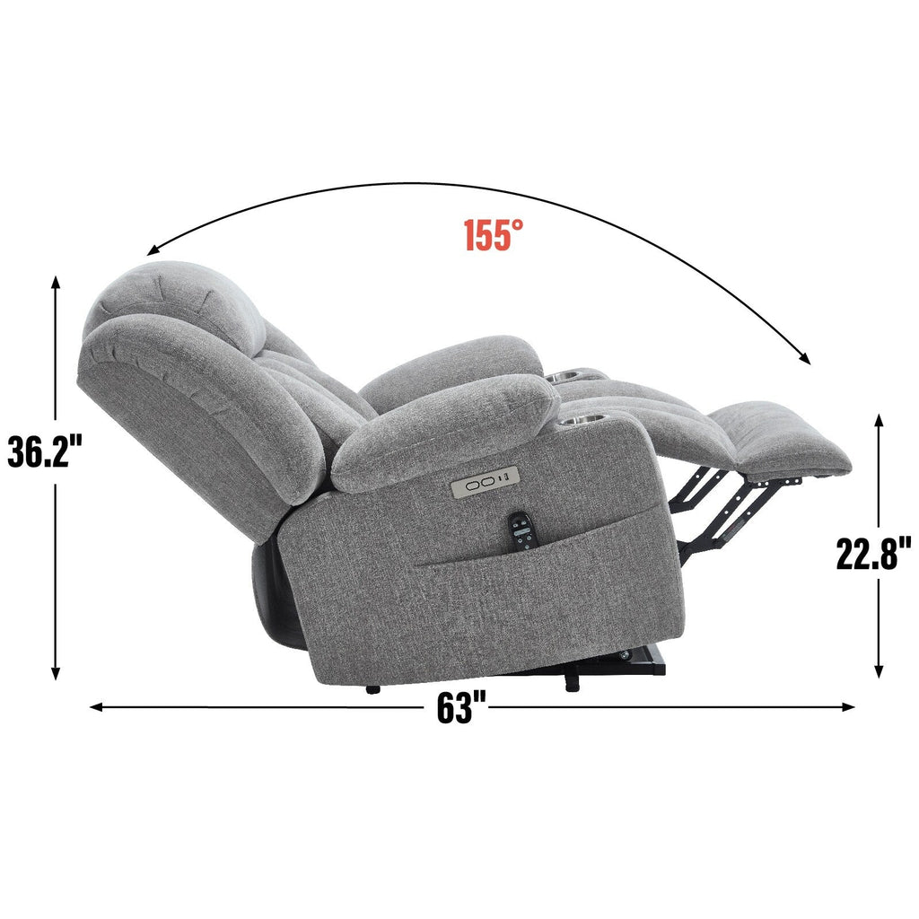 Fauteuil inclinable et massant à 8 points avec relevage électrique en chenille, chauffage de la taille, ports USB et porte-gobelet en acier inoxydable