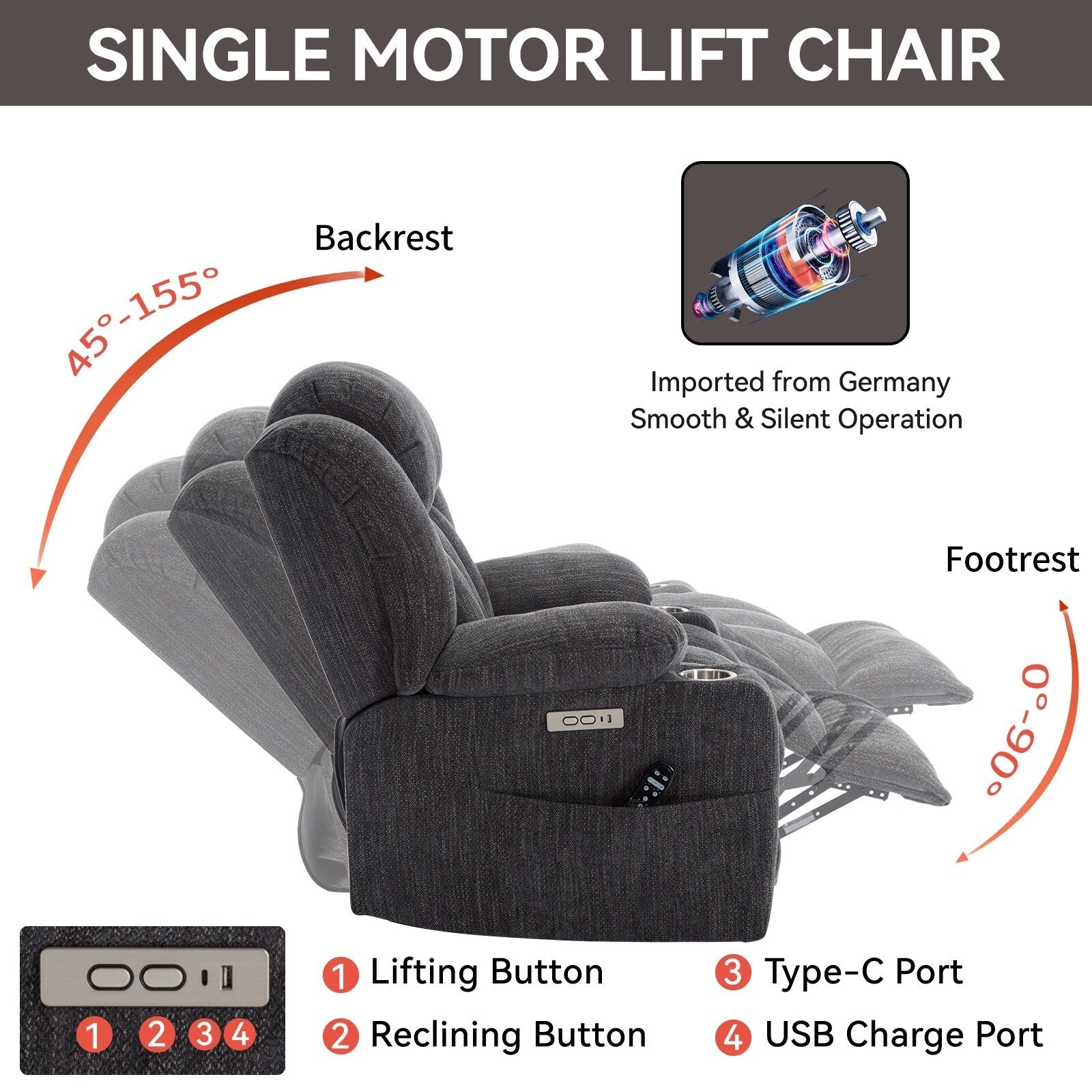 Fauteuil inclinable et massant à 8 points avec relevage électrique en chenille, chauffage de la taille, ports USB et porte-gobelet en acier inoxydable