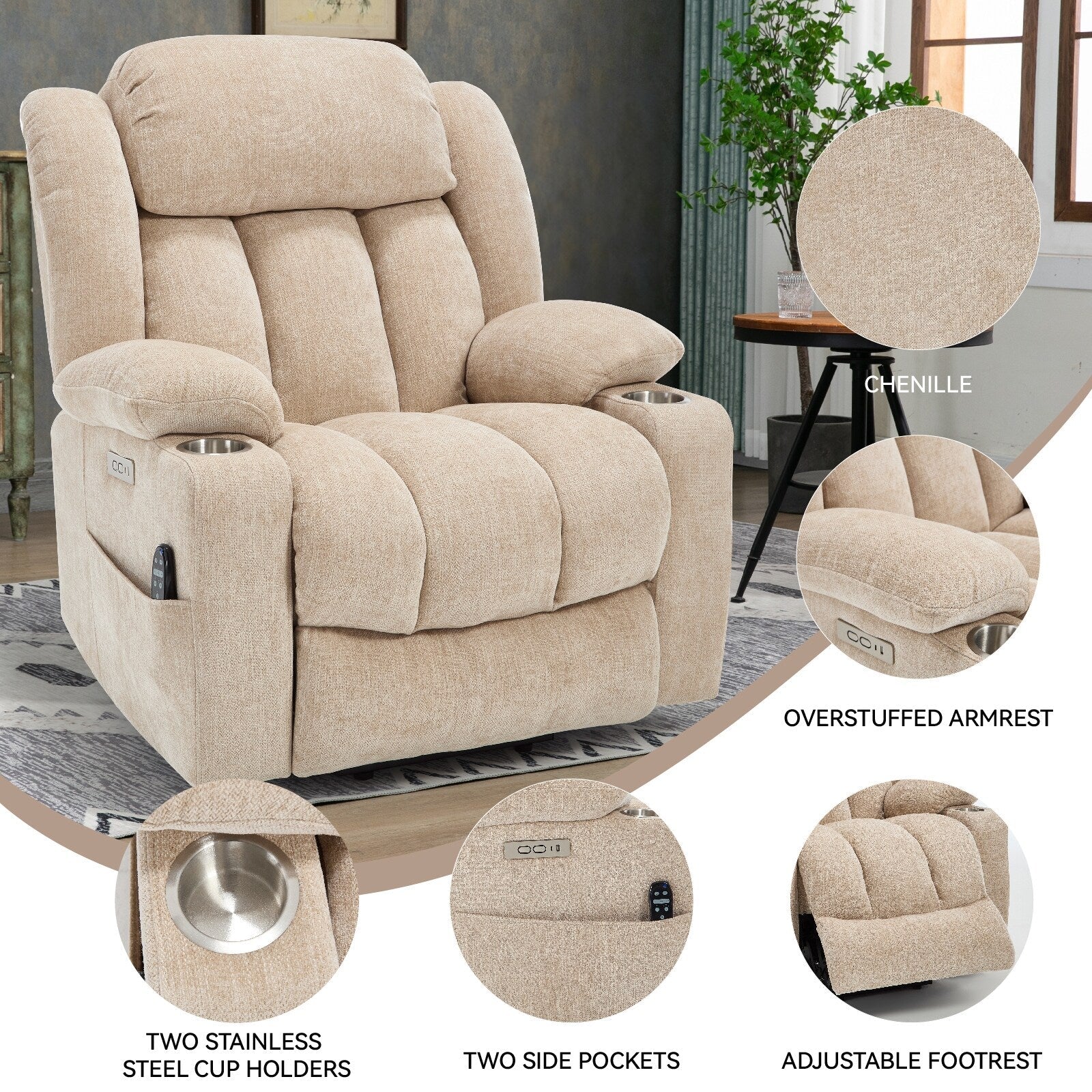Fauteuil inclinable et massant à 8 points avec relevage électrique en chenille, chauffage de la taille, ports USB et porte-gobelet en acier inoxydable