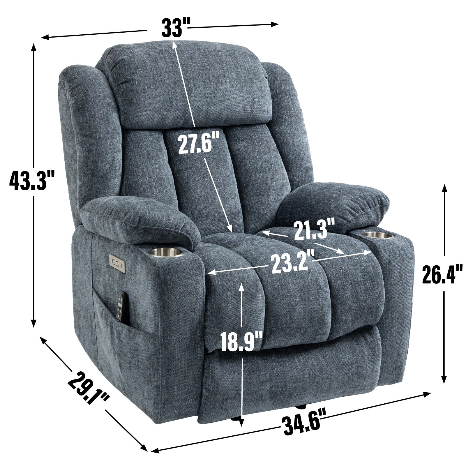 Fauteuil inclinable et massant à 8 points avec relevage électrique en chenille, chauffage de la taille, ports USB et porte-gobelet en acier inoxydable