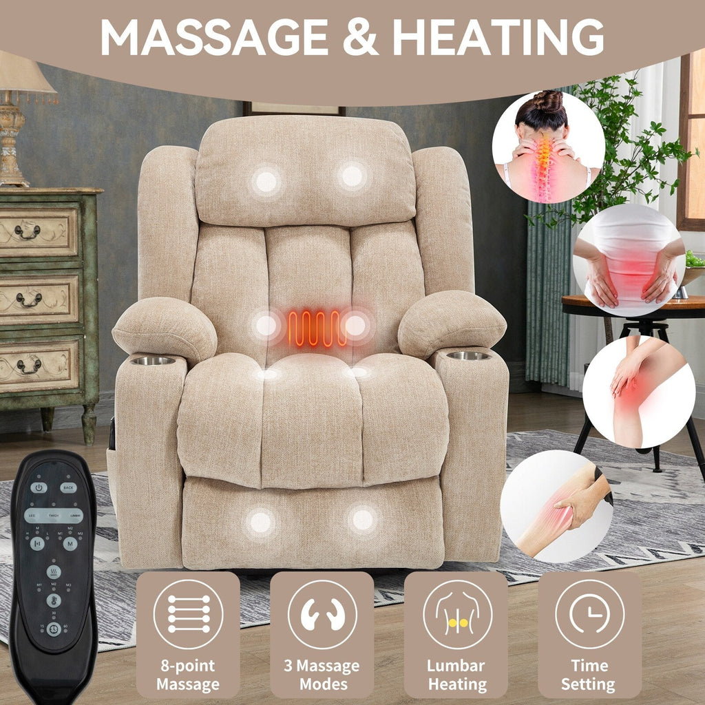 Fauteuil inclinable et massant à 8 points avec relevage électrique en chenille, chauffage de la taille, ports USB et porte-gobelet en acier inoxydable