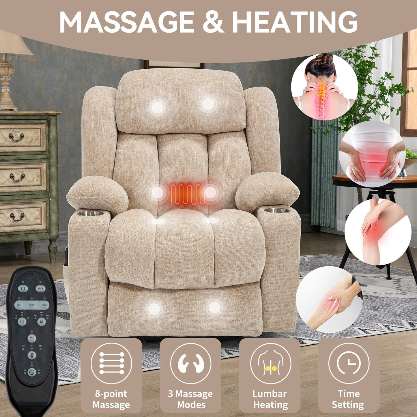 Fauteuil inclinable et massant à 8 points avec relevage électrique en chenille, chauffage de la taille, ports USB et porte-gobelet en acier inoxydable