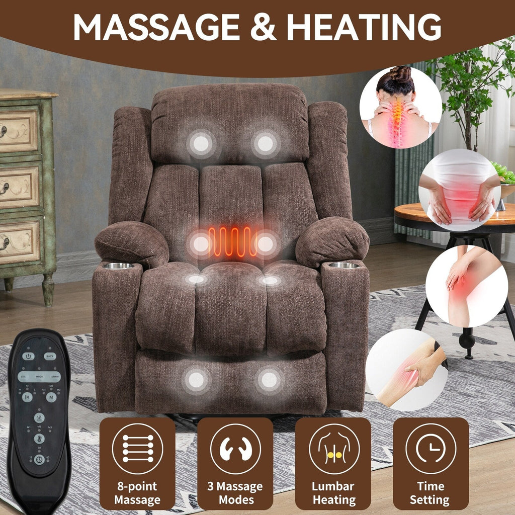 Fauteuil inclinable et massant à 8 points avec relevage électrique en chenille, chauffage de la taille, ports USB et porte-gobelet en acier inoxydable