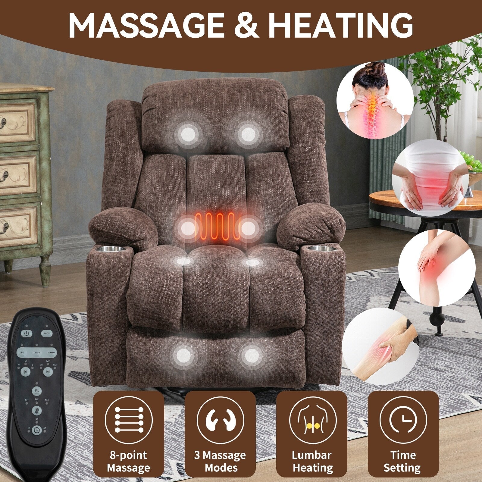 Fauteuil inclinable et massant à 8 points avec relevage électrique en chenille, chauffage de la taille, ports USB et porte-gobelet en acier inoxydable