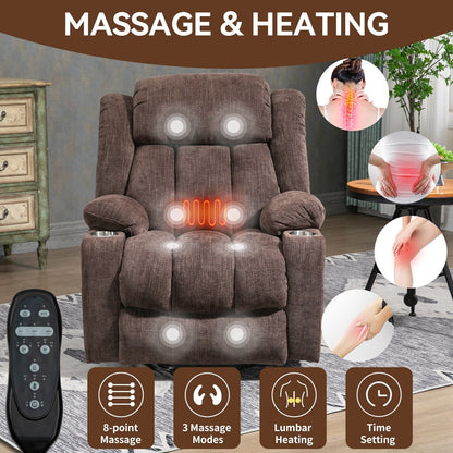 Fauteuil inclinable et massant à 8 points avec relevage électrique en chenille, chauffage de la taille, ports USB et porte-gobelet en acier inoxydable