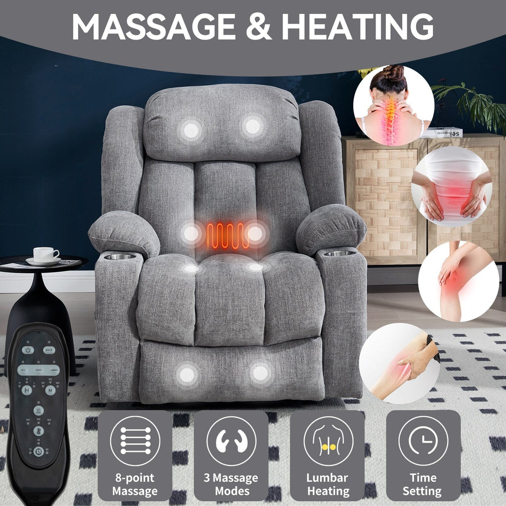 Fauteuil inclinable et massant à 8 points avec relevage électrique en chenille, chauffage de la taille, ports USB et porte-gobelet en acier inoxydable