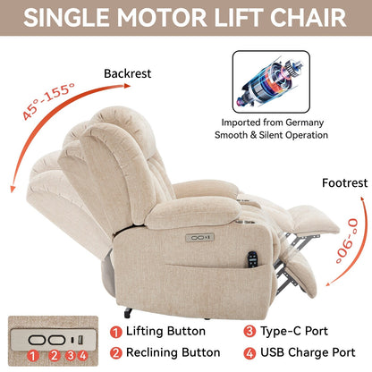 Fauteuil inclinable et massant à 8 points avec relevage électrique en chenille, chauffage de la taille, ports USB et porte-gobelet en acier inoxydable