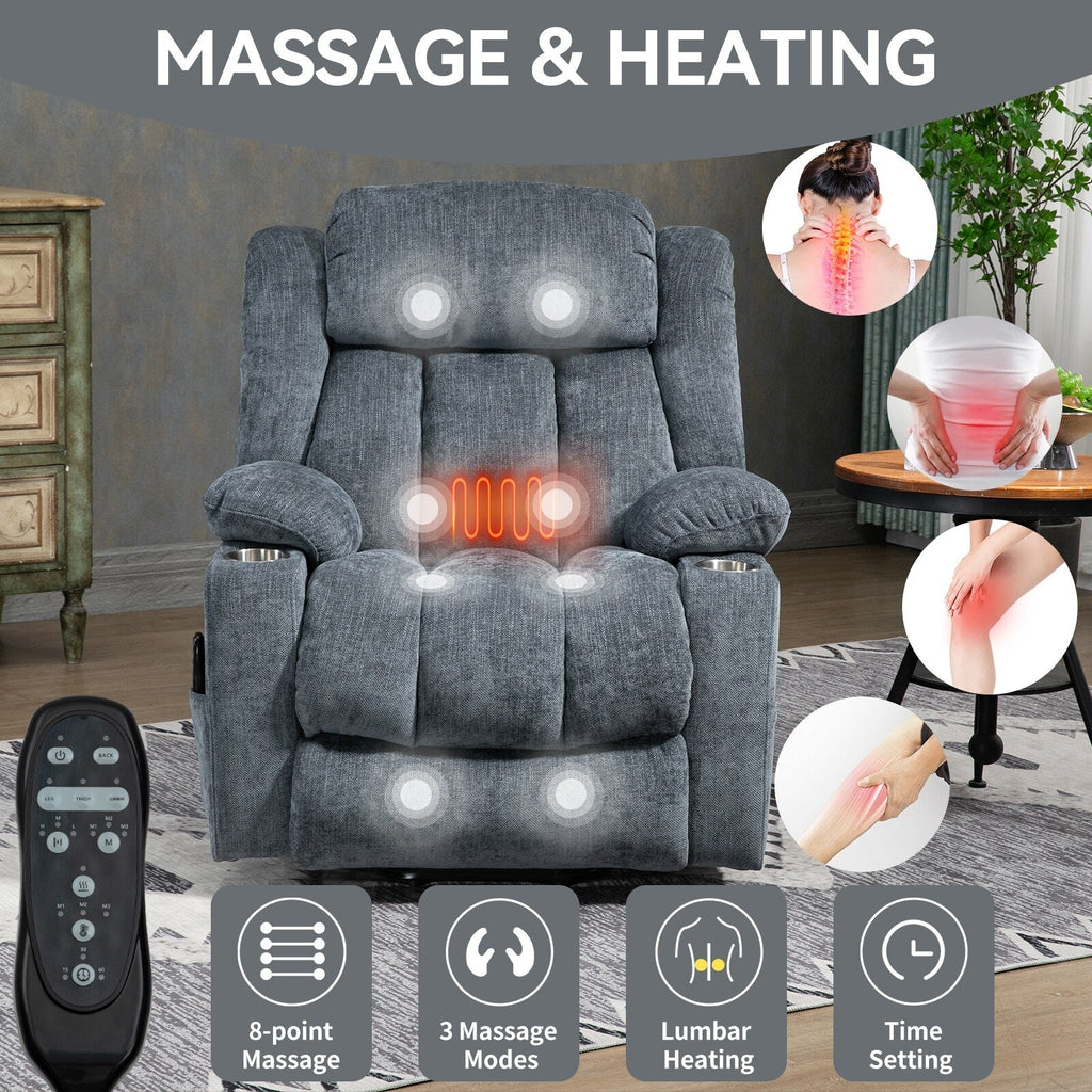 Fauteuil inclinable et massant à 8 points avec relevage électrique en chenille, chauffage de la taille, ports USB et porte-gobelet en acier inoxydable