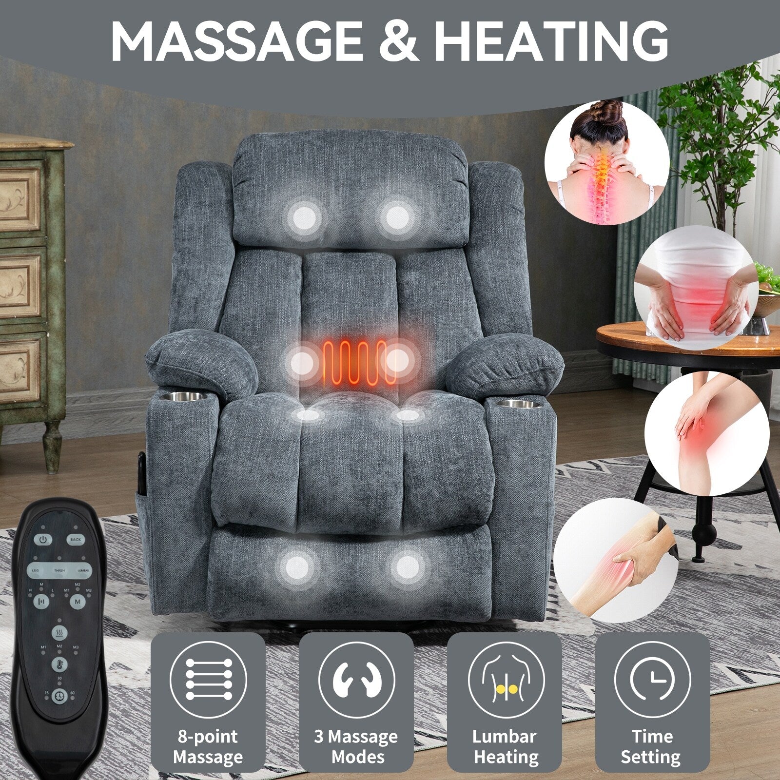 Fauteuil inclinable et massant à 8 points avec relevage électrique en chenille, chauffage de la taille, ports USB et porte-gobelet en acier inoxydable