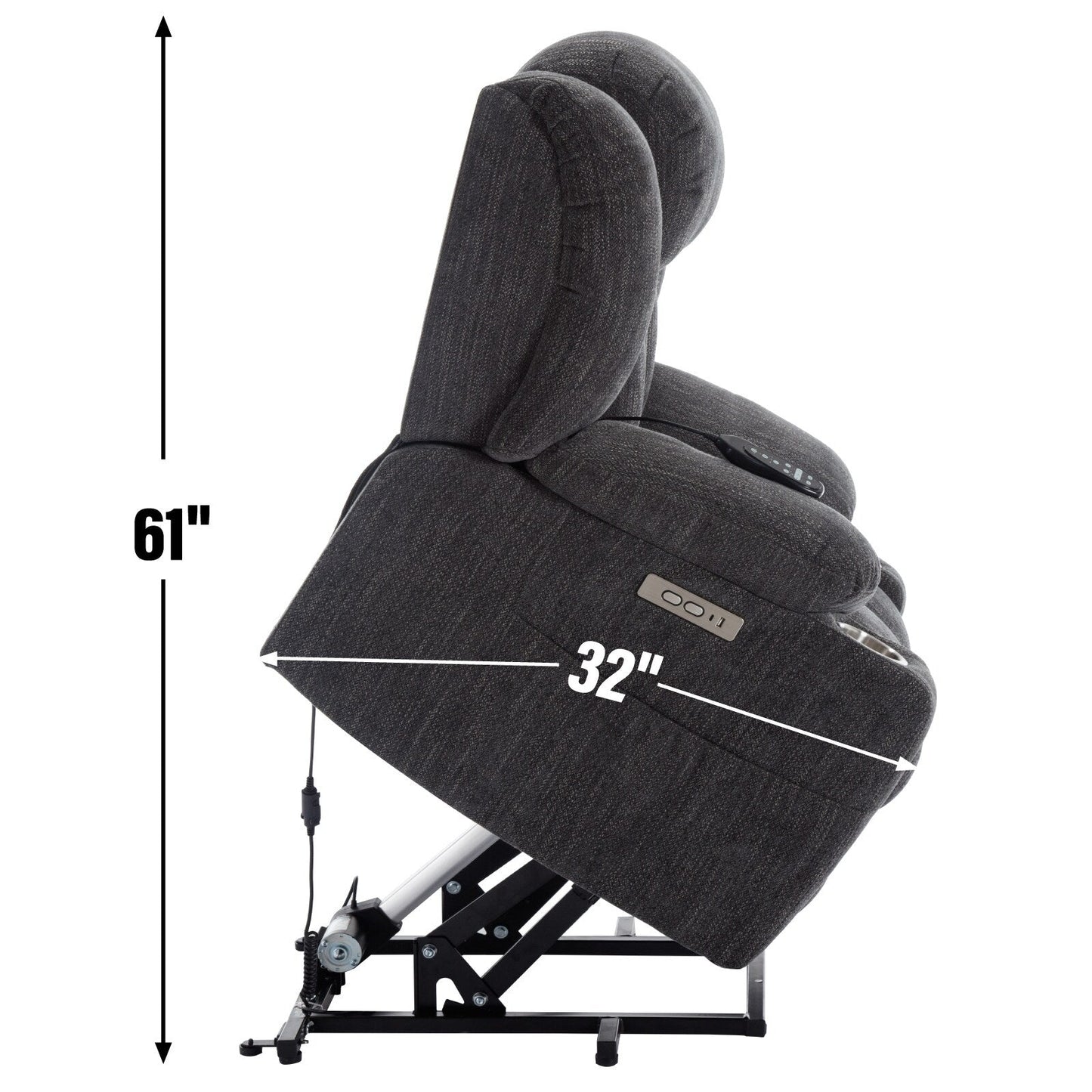 Fauteuil inclinable et massant à 8 points avec relevage électrique en chenille, chauffage de la taille, ports USB et porte-gobelet en acier inoxydable