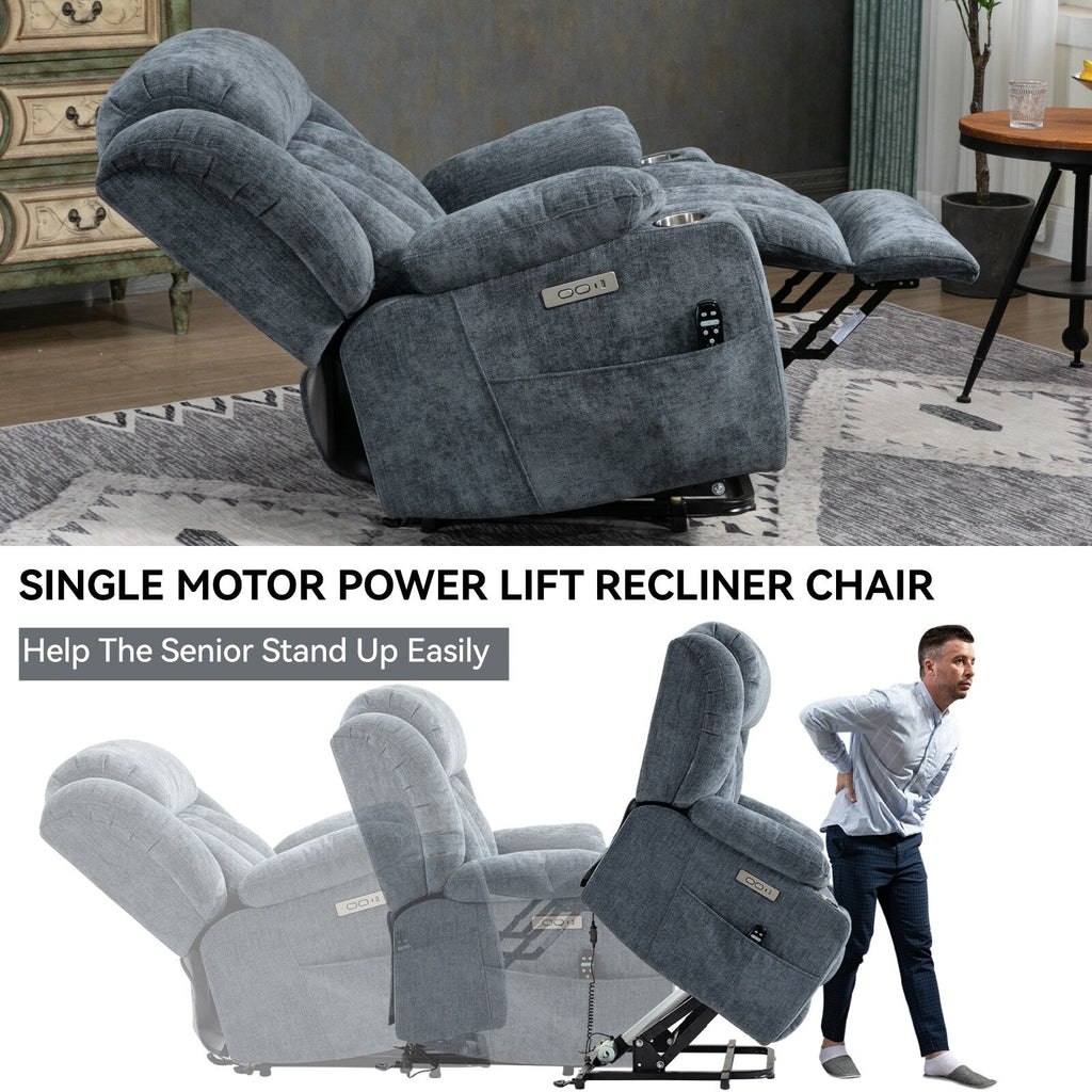 Fauteuil inclinable et massant à 8 points avec relevage électrique en chenille, chauffage de la taille, ports USB et porte-gobelet en acier inoxydable