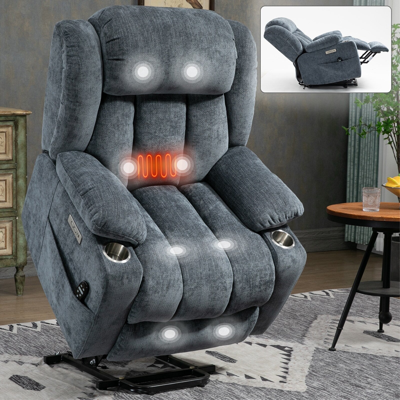 Fauteuil inclinable et massant à 8 points avec relevage électrique en chenille, chauffage de la taille, ports USB et porte-gobelet en acier inoxydable