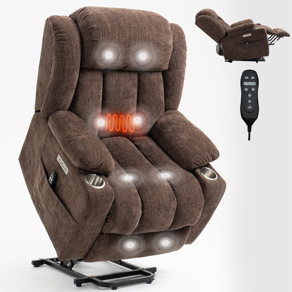Fauteuil inclinable et massant à 8 points avec relevage électrique en chenille, chauffage de la taille, ports USB et porte-gobelet en acier inoxydable