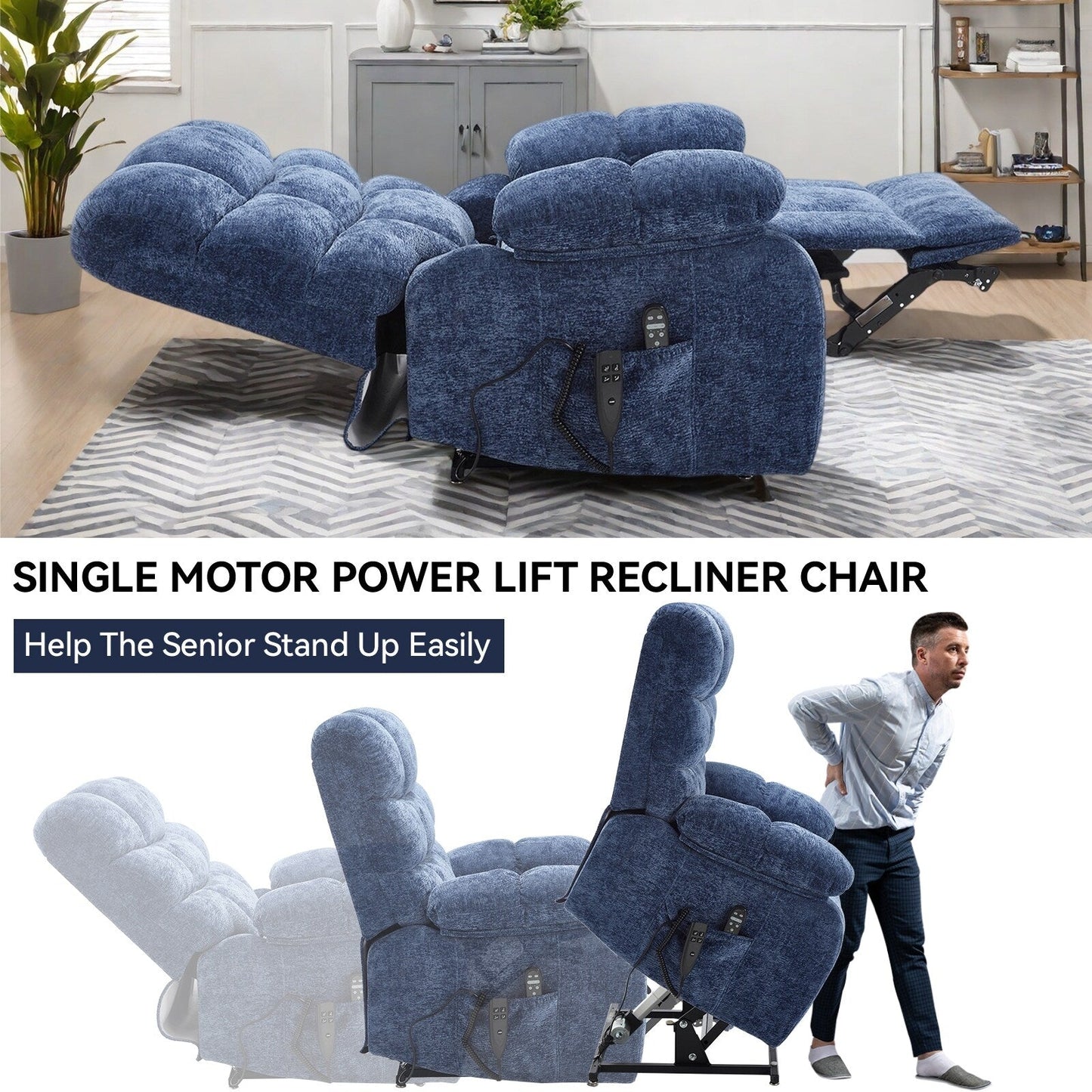 Fauteuil inclinable électrique Chenille pour grands et grands avec massage, chauffage, deux moteurs et inclinaison à 180°