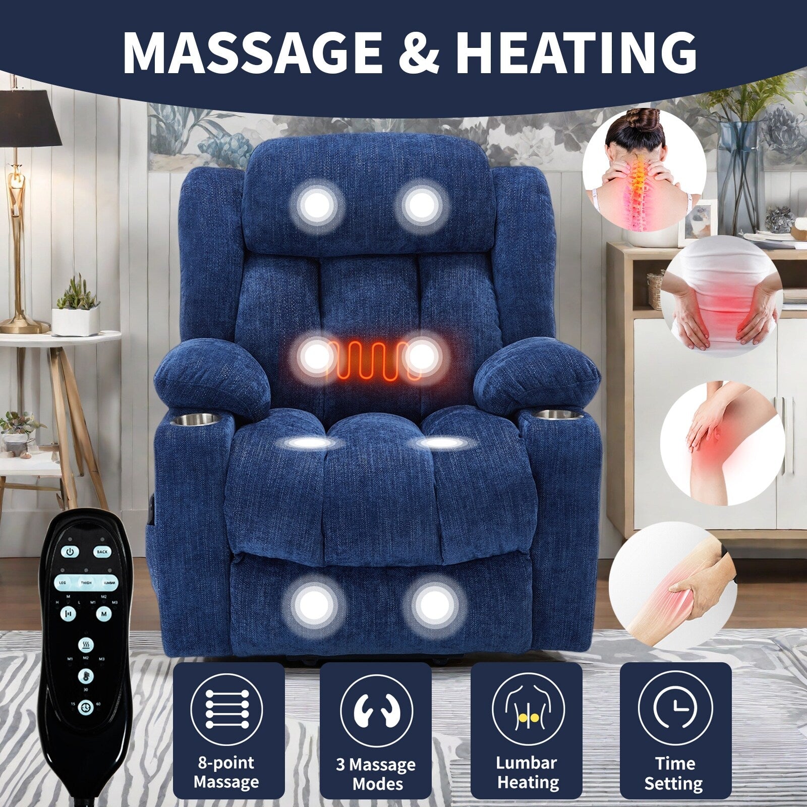 Fauteuil inclinable électrique Chenille avec massage et chauffage lombaire, deux porte-gobelets
