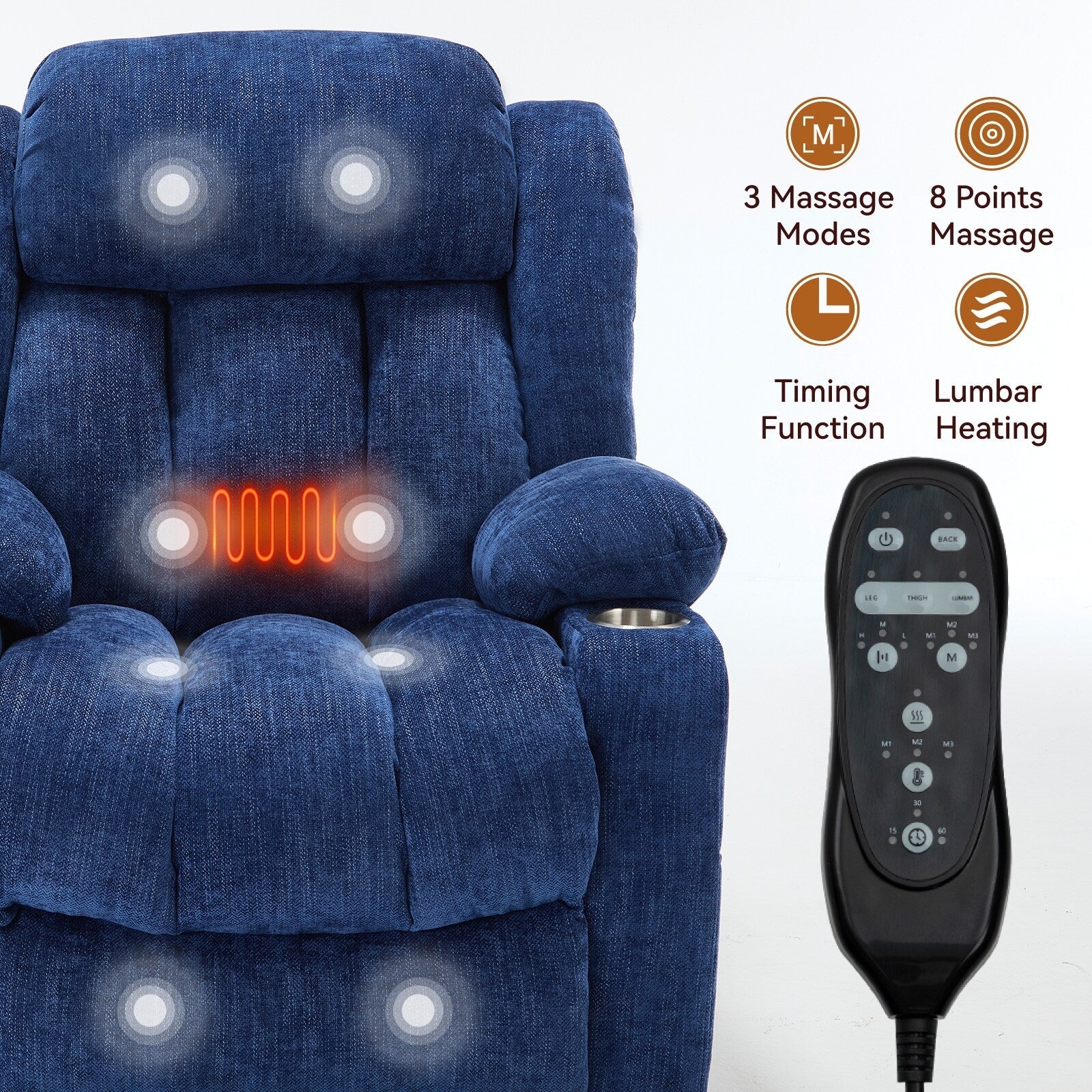 Fauteuil inclinable électrique Chenille avec massage et chauffage lombaire, deux porte-gobelets