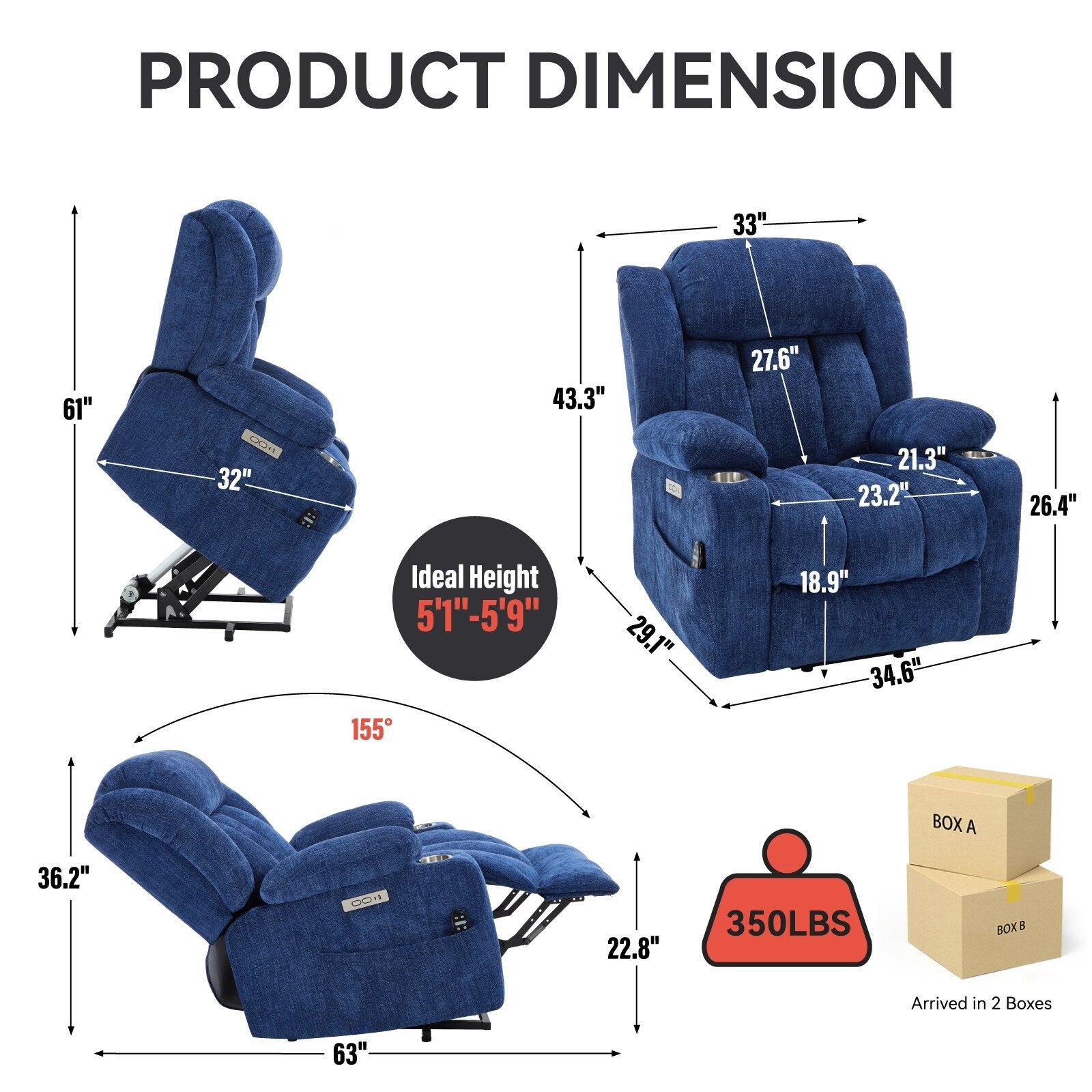 Fauteuil inclinable électrique Chenille avec massage, chauffage, port USB, Type-C et porte-gobelets