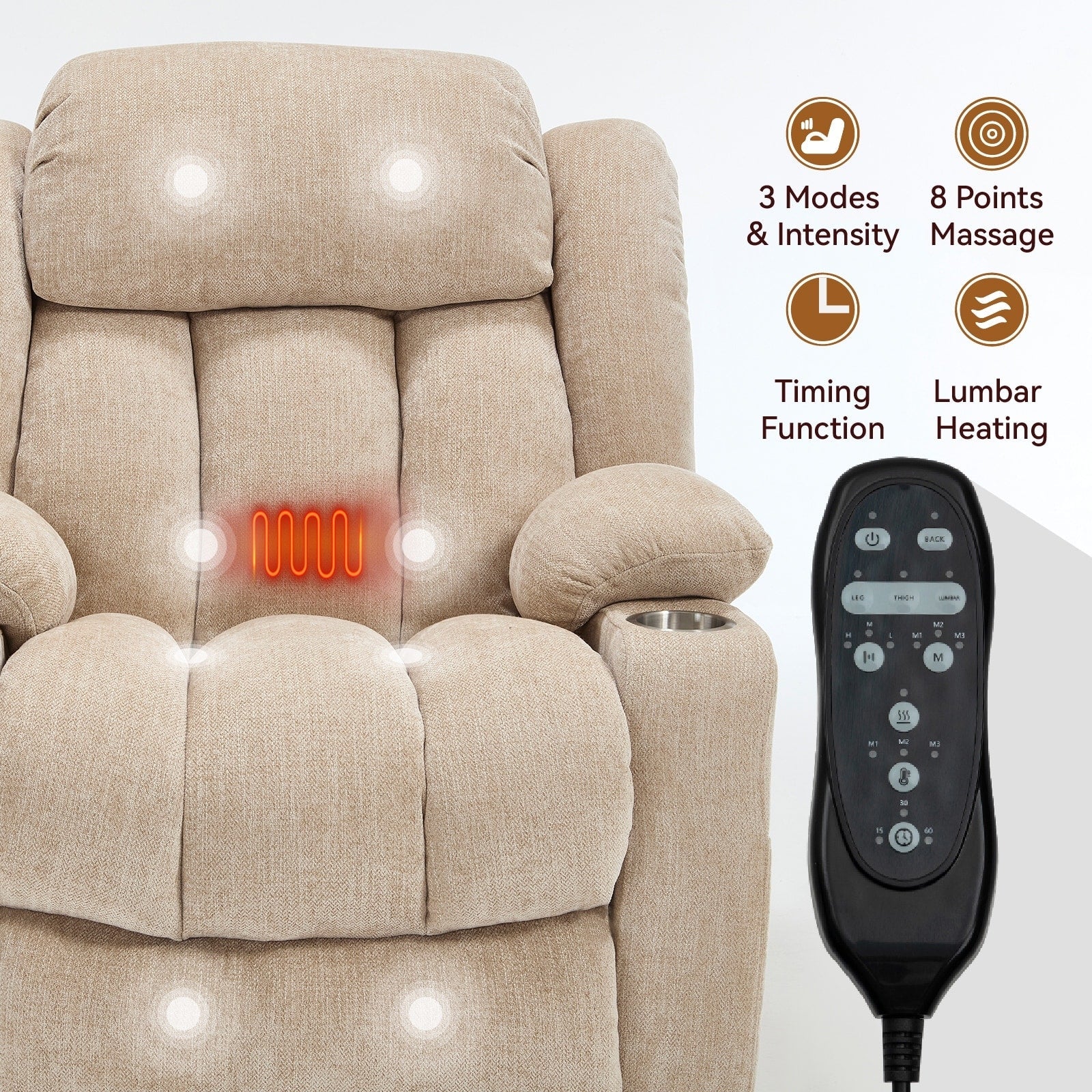 Fauteuil inclinable électrique Chenille avec massage, chauffage, port USB, Type-C et porte-gobelets
