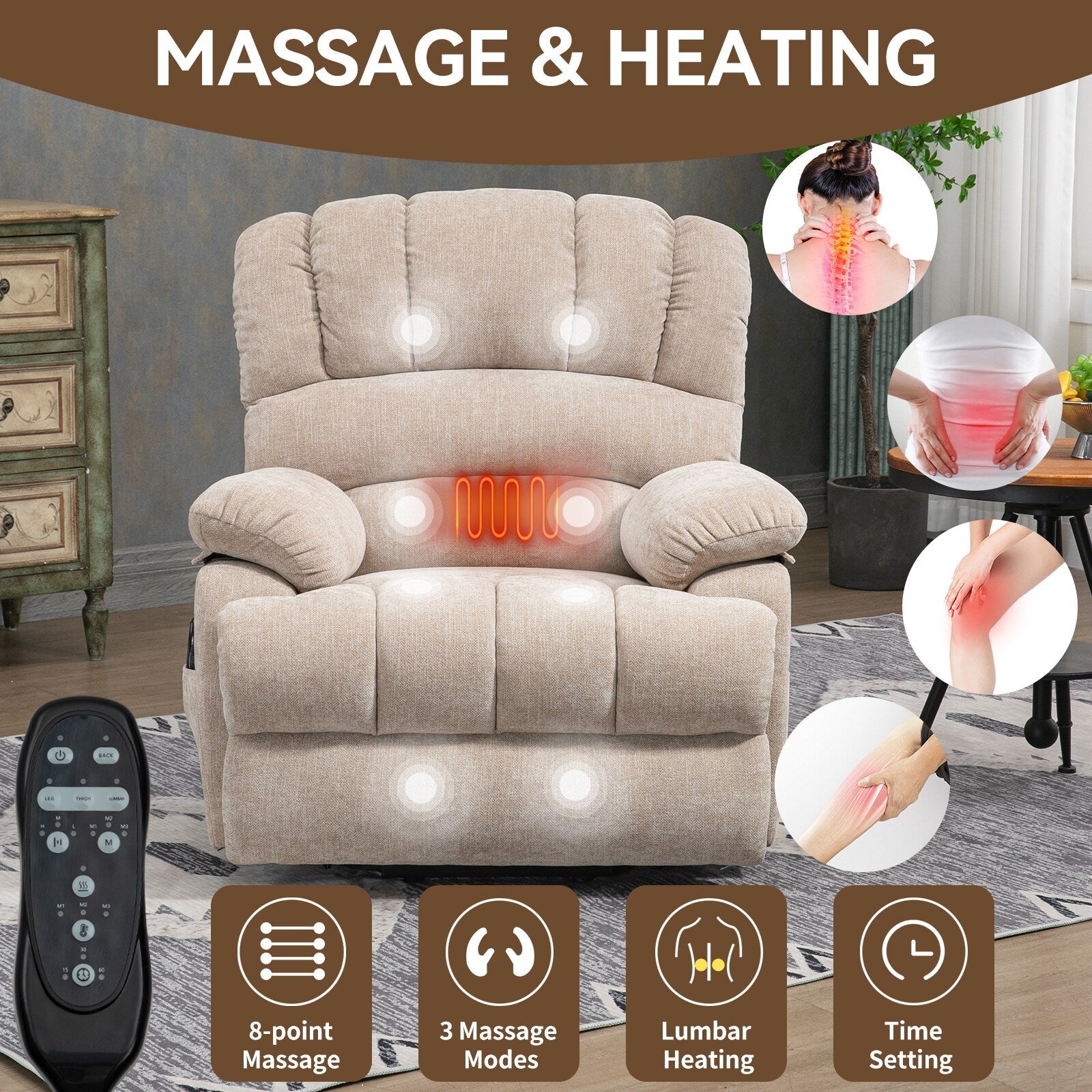 Fauteuil inclinable électrique Chenille avec massage thermique, USB, inclinaison maximale de 155°