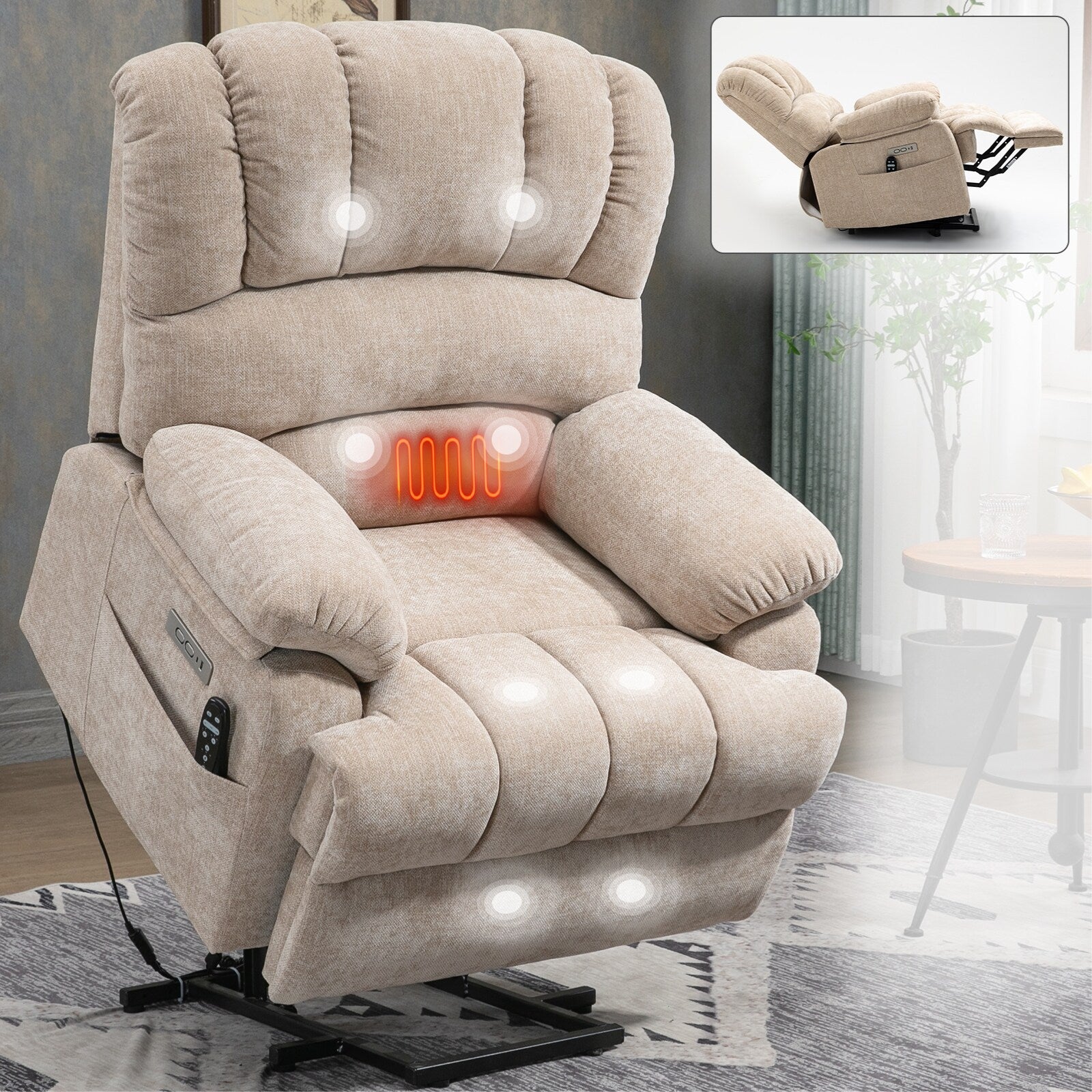 Fauteuil inclinable électrique Chenille avec massage thermique, USB, inclinaison maximale de 155°