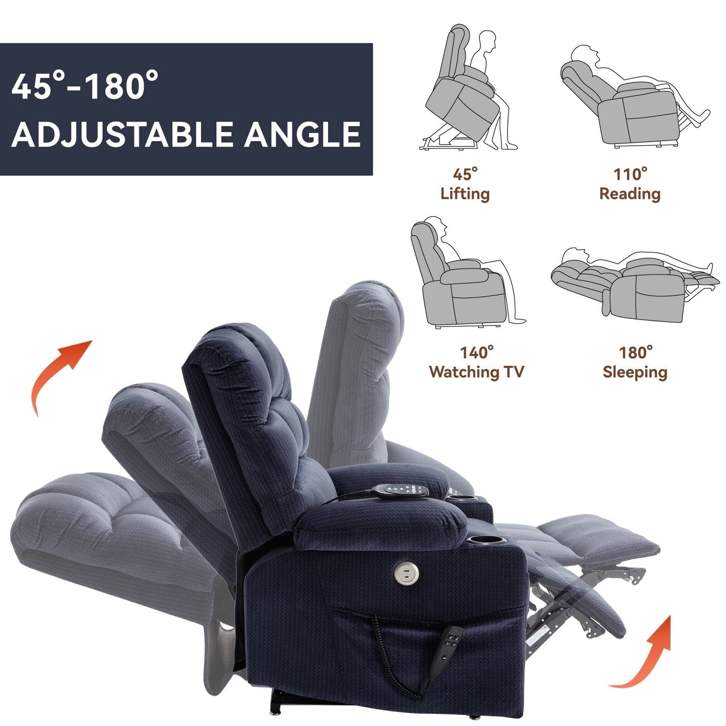 Fauteuil inclinable électrique Chenille avec massage, chauffage et porte-gobelets