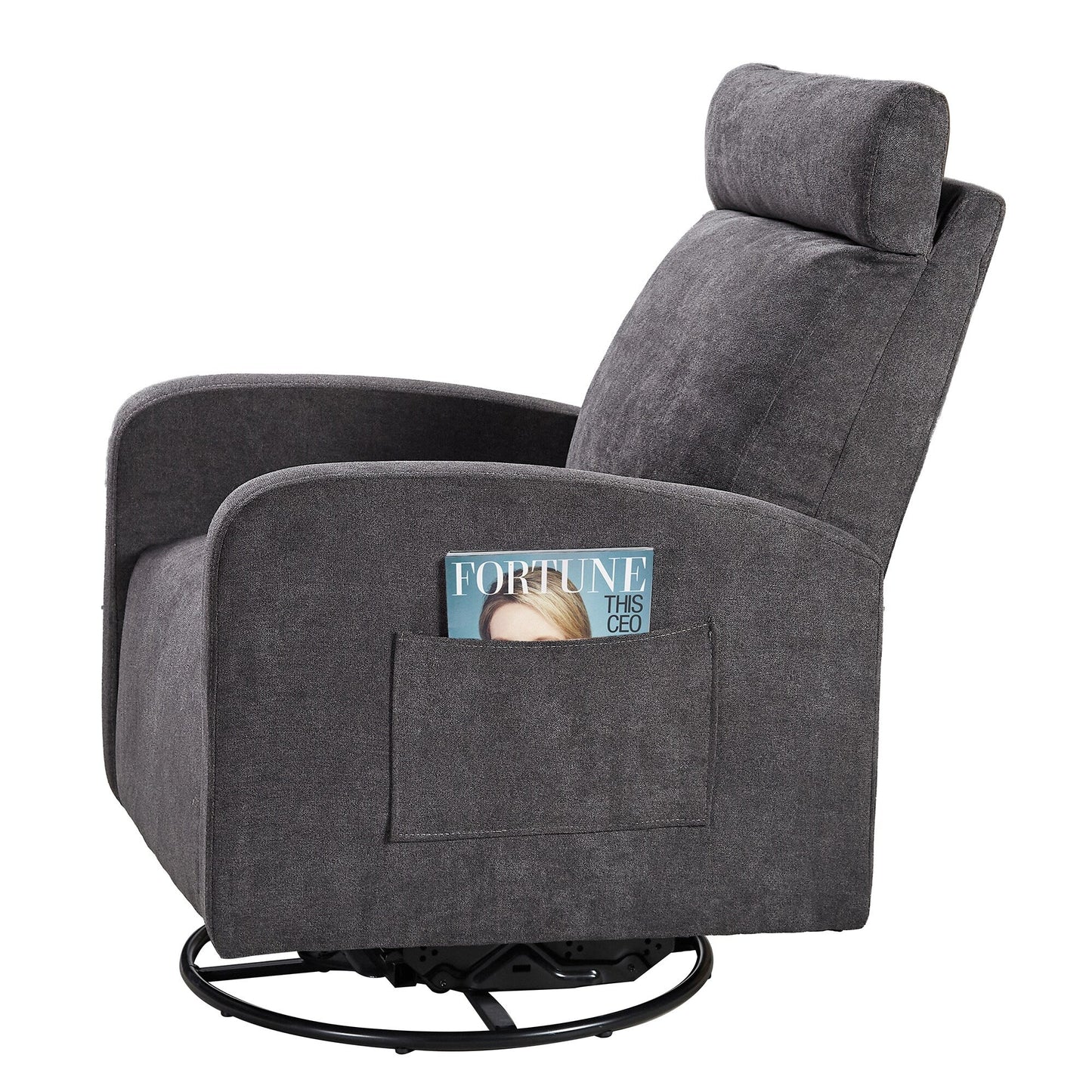 Fauteuil inclinable manuel pivotant à 360°, rembourré en chenille, avec coussin épais et poches latérales