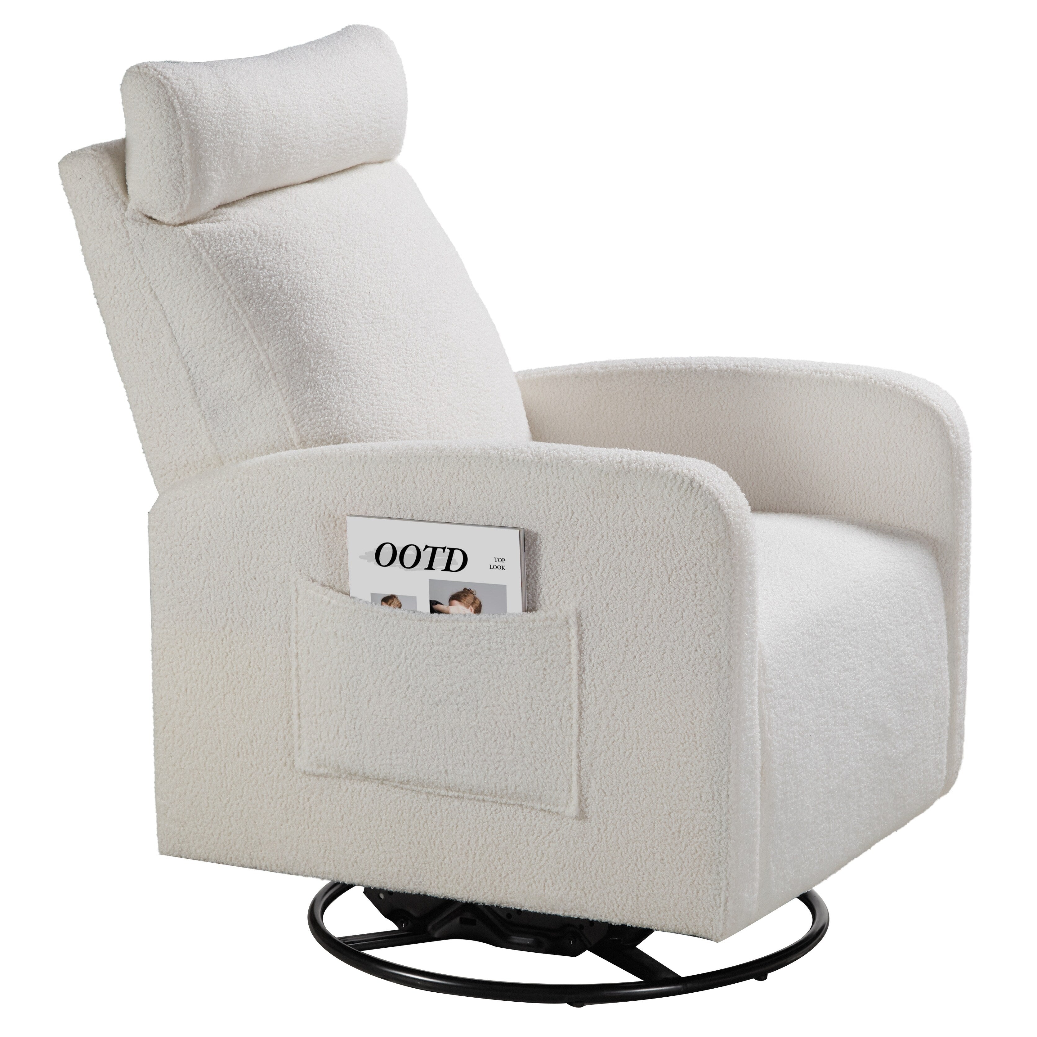 Fauteuil inclinable manuel pivotant à 360°, rembourré en chenille, avec coussin épais et poches latérales