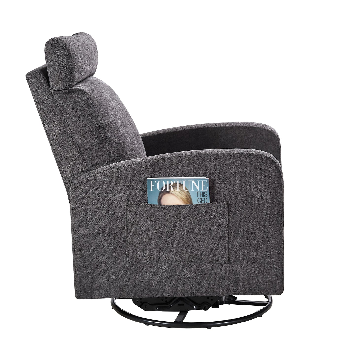 Fauteuil inclinable manuel pivotant à 360°, rembourré en chenille, avec coussin épais et poches latérales