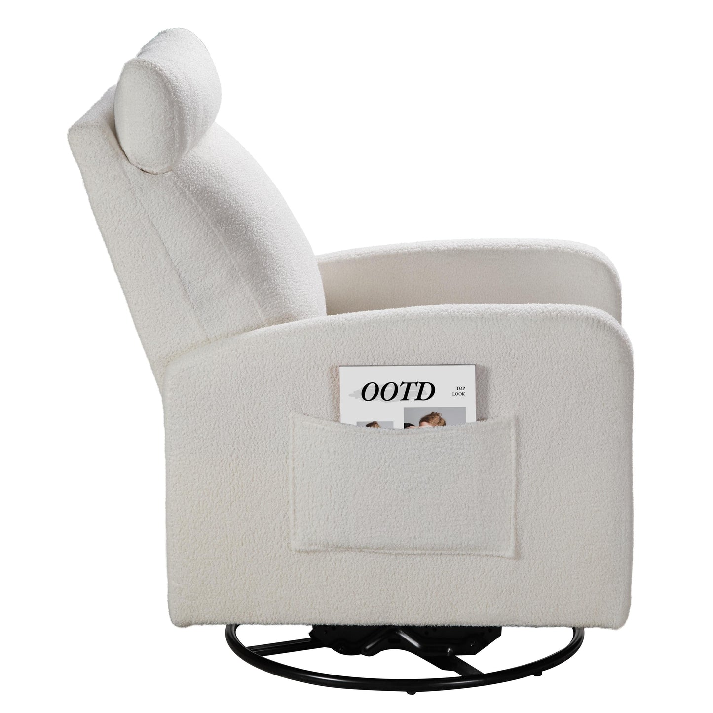 Fauteuil inclinable manuel pivotant à 360°, rembourré en chenille, avec coussin épais et poches latérales