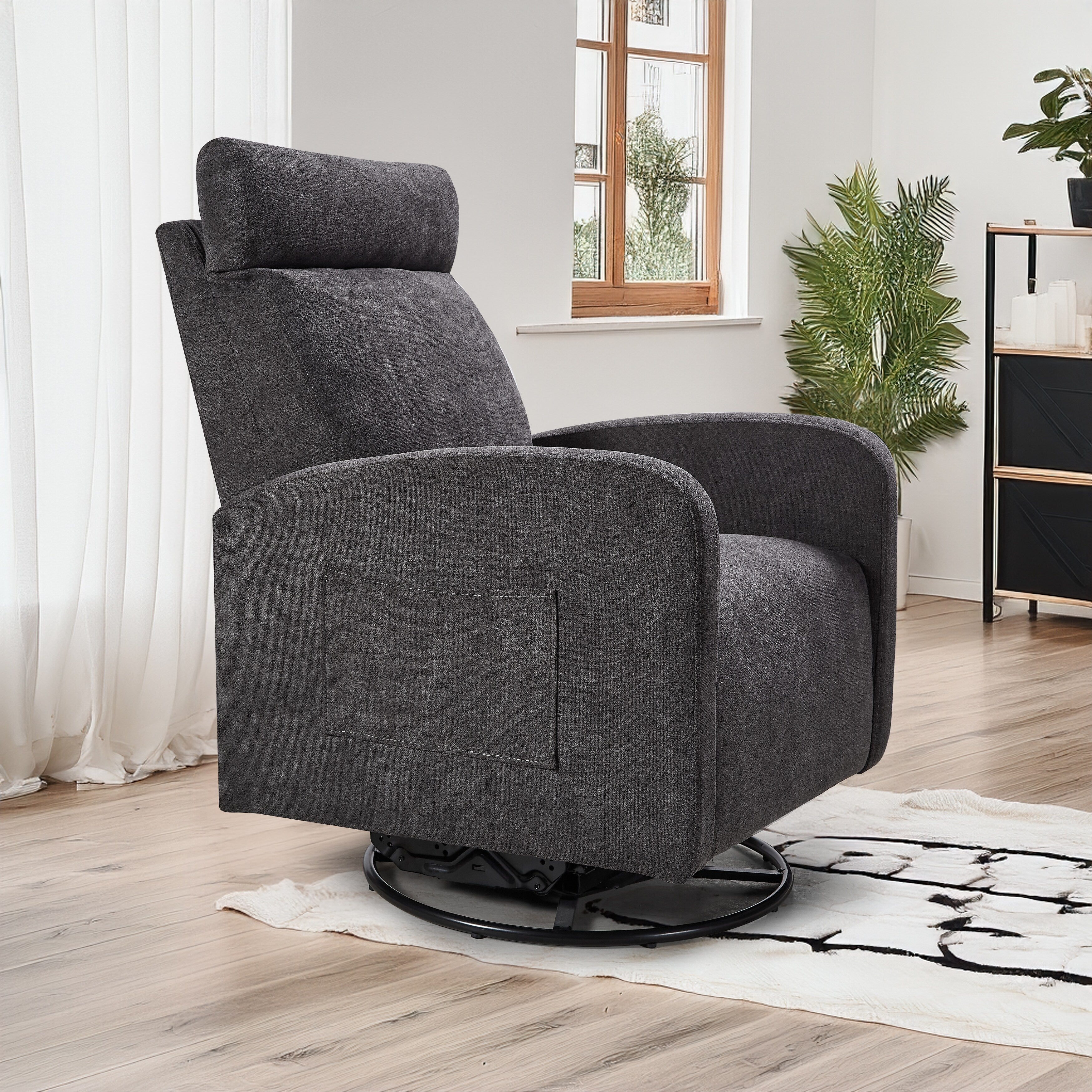 Fauteuil inclinable manuel pivotant à 360°, rembourré en chenille, avec coussin épais et poches latérales