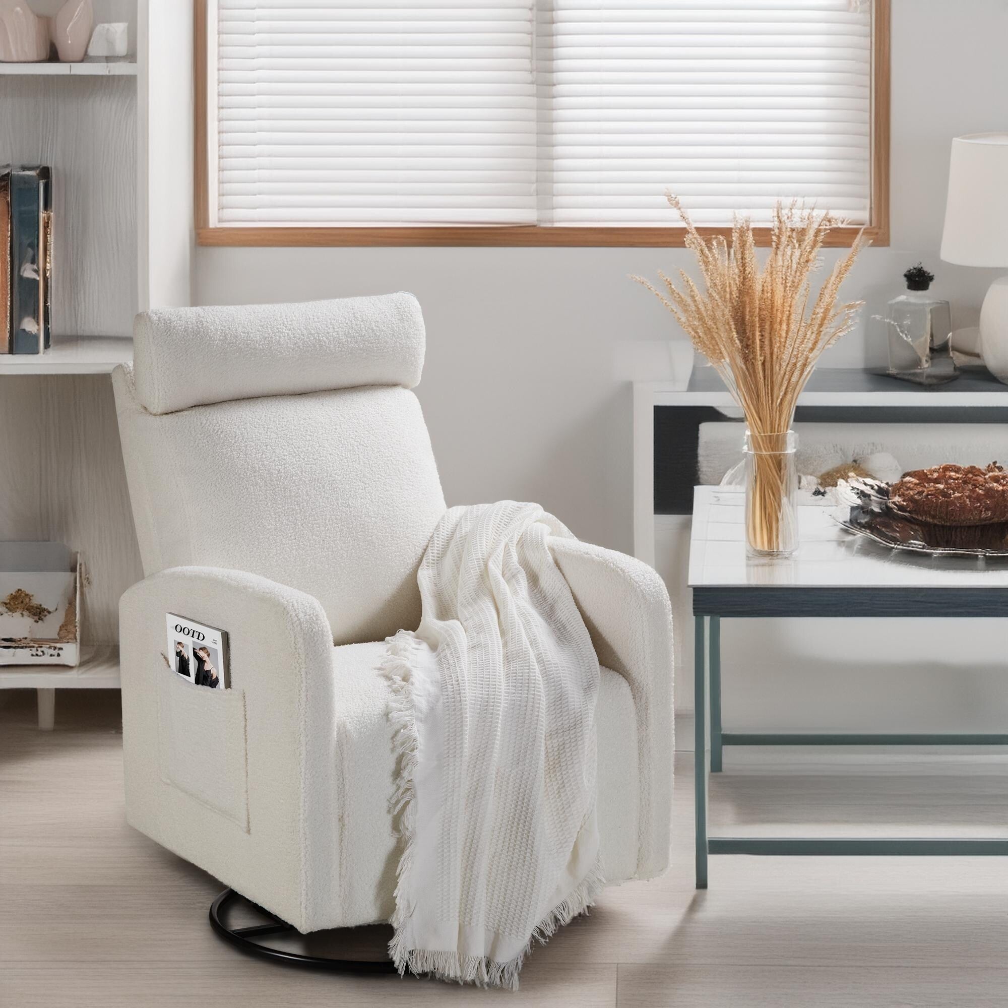 Fauteuil inclinable manuel pivotant à 360°, rembourré en chenille, avec coussin épais et poches latérales