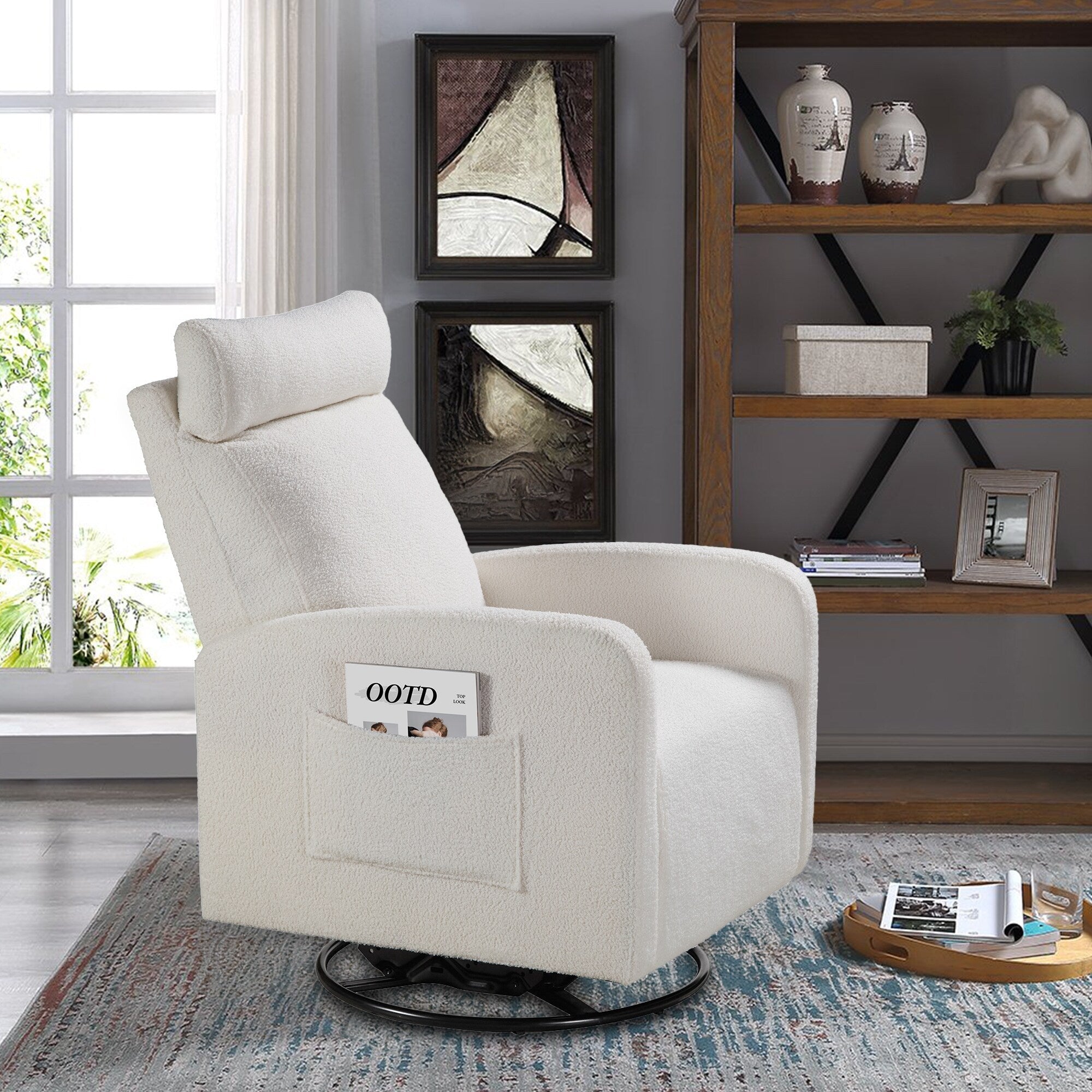 Fauteuil inclinable manuel pivotant à 360°, rembourré en chenille, avec coussin épais et poches latérales