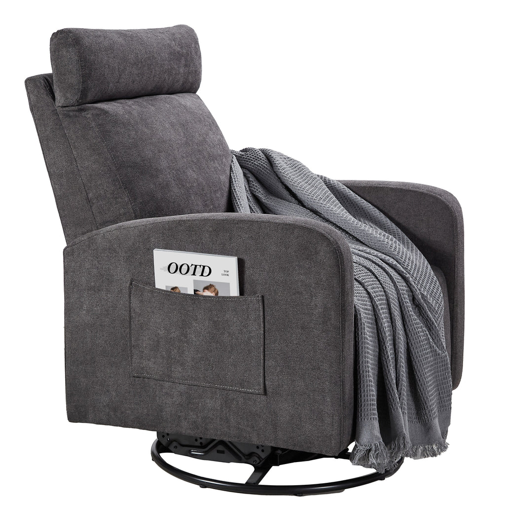 Fauteuil inclinable manuel pivotant à 360°, rembourré en chenille, avec coussin épais et poches latérales