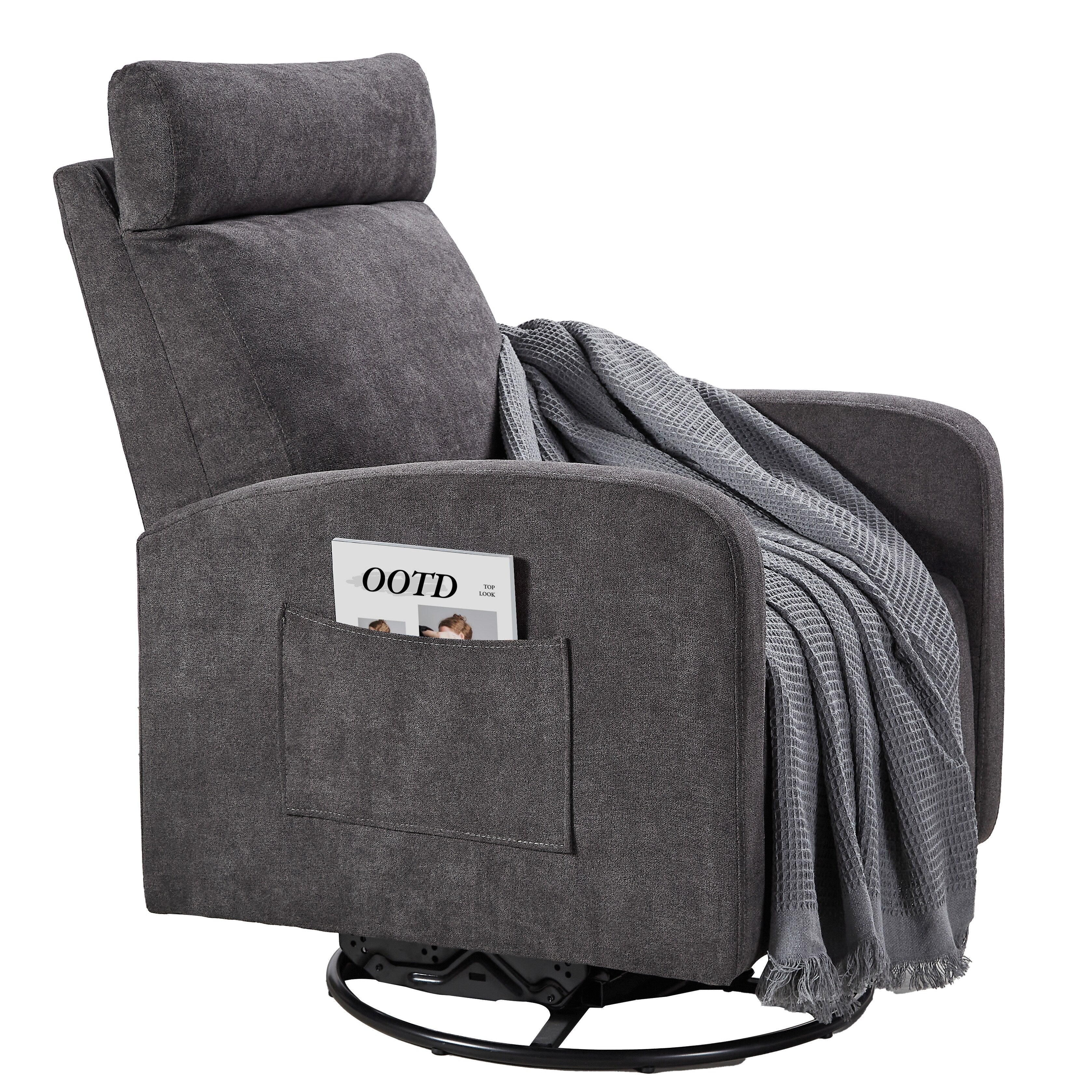 Fauteuil inclinable manuel pivotant à 360°, rembourré en chenille, avec coussin épais et poches latérales