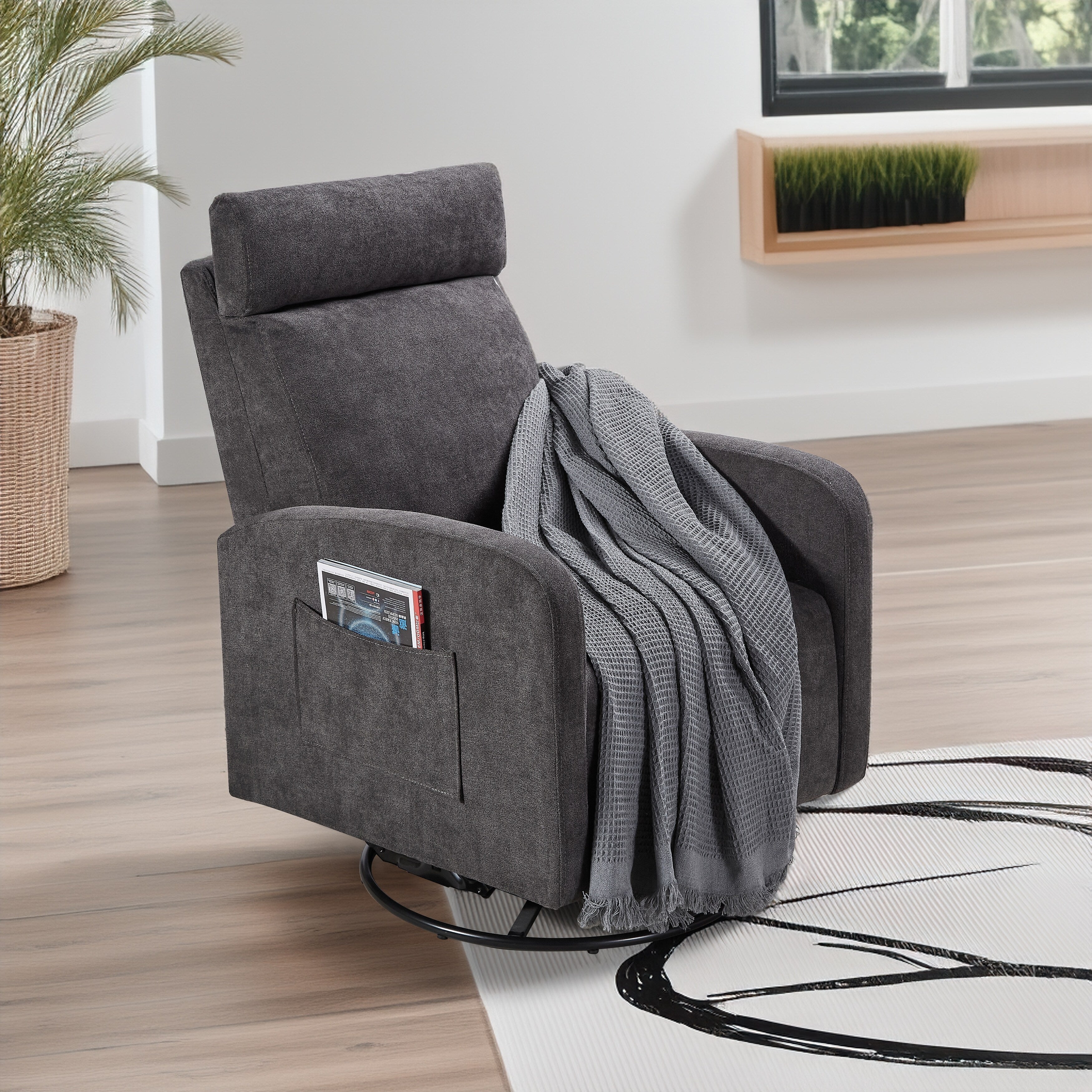 Fauteuil inclinable manuel pivotant à 360°, rembourré en chenille, avec coussin épais et poches latérales
