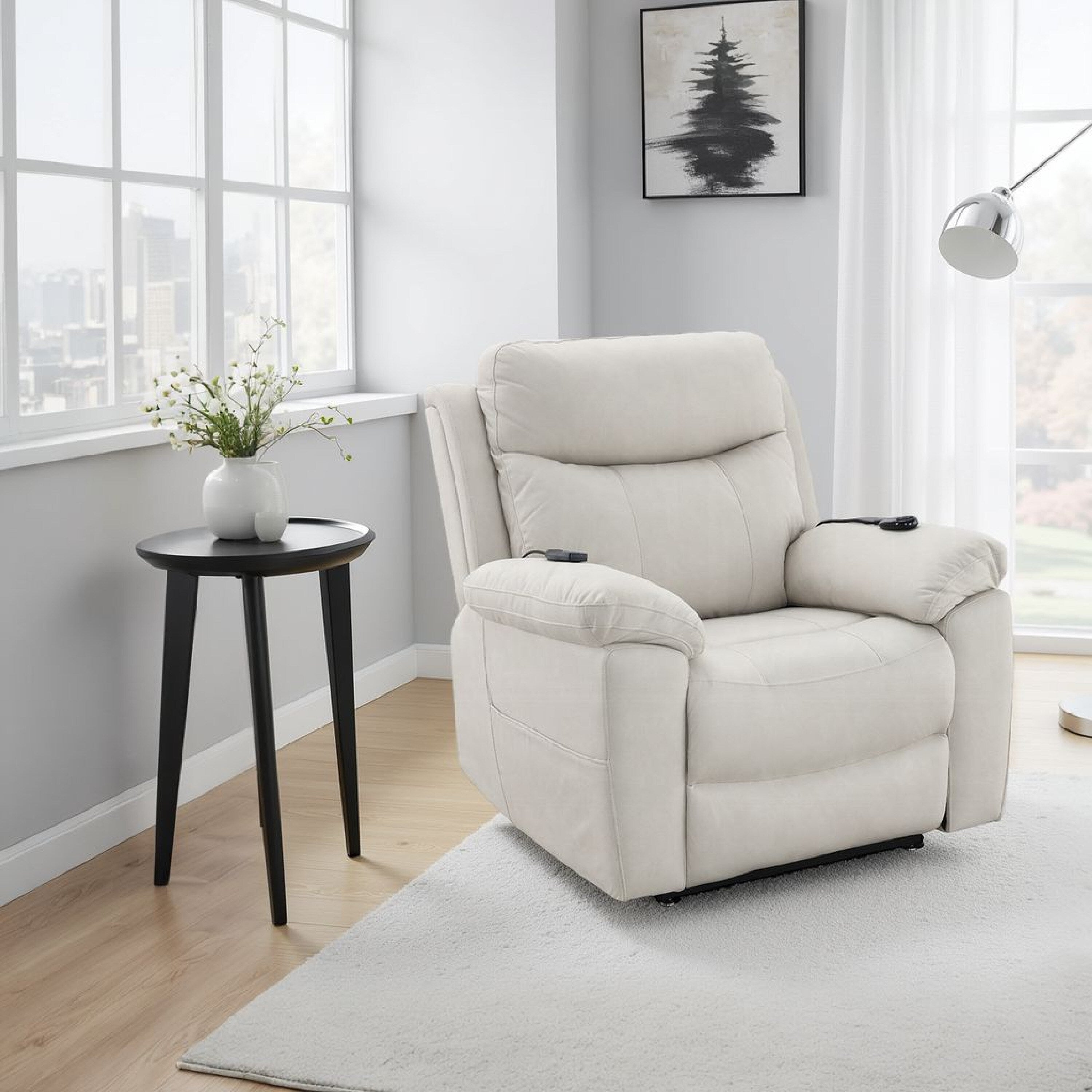 Fauteuil releveur et inclinable Cheru Power Motion avec massage chauffant, ivoire