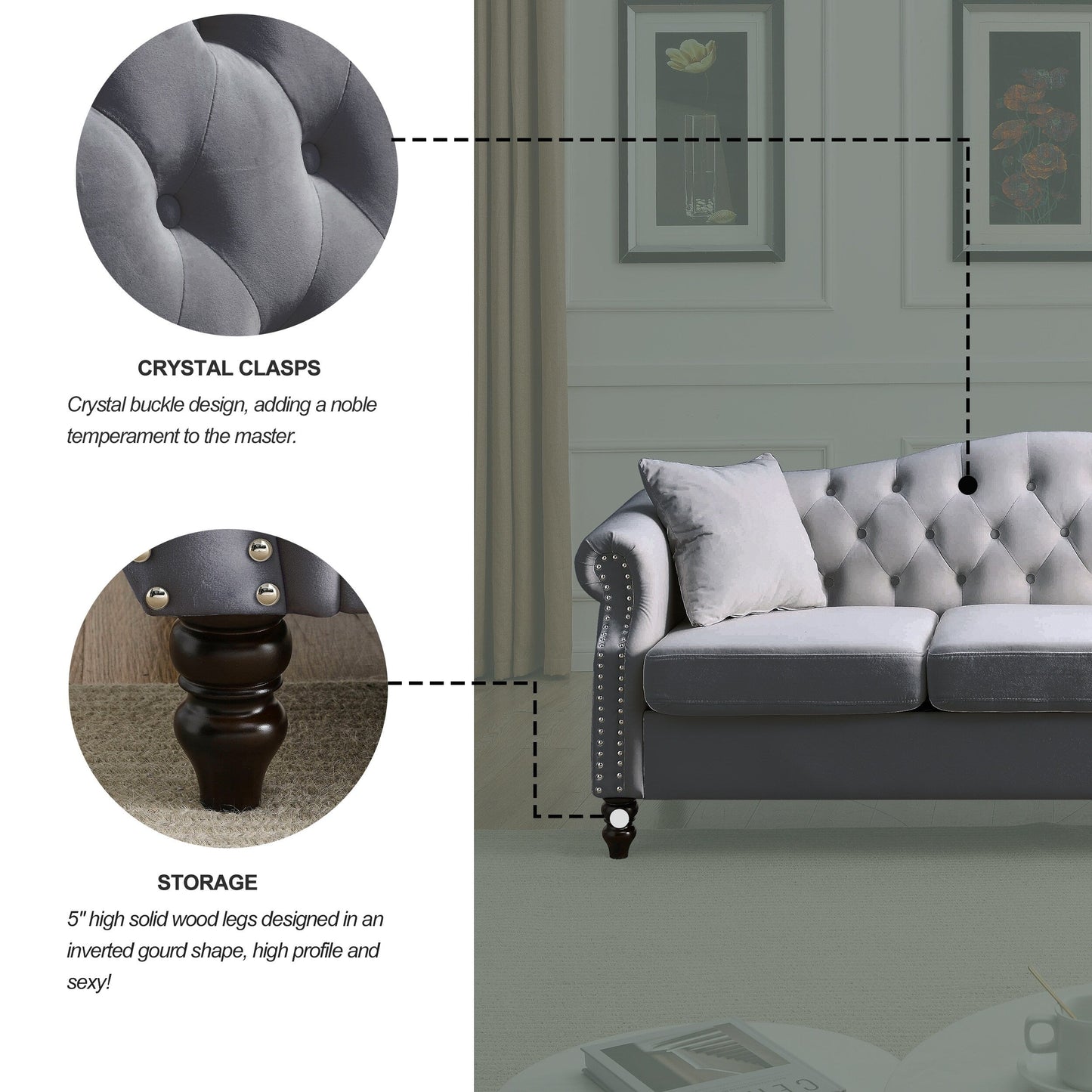 Canapé Chesterfield 3 places capitonné avec accoudoirs roulés et clous décoratifs